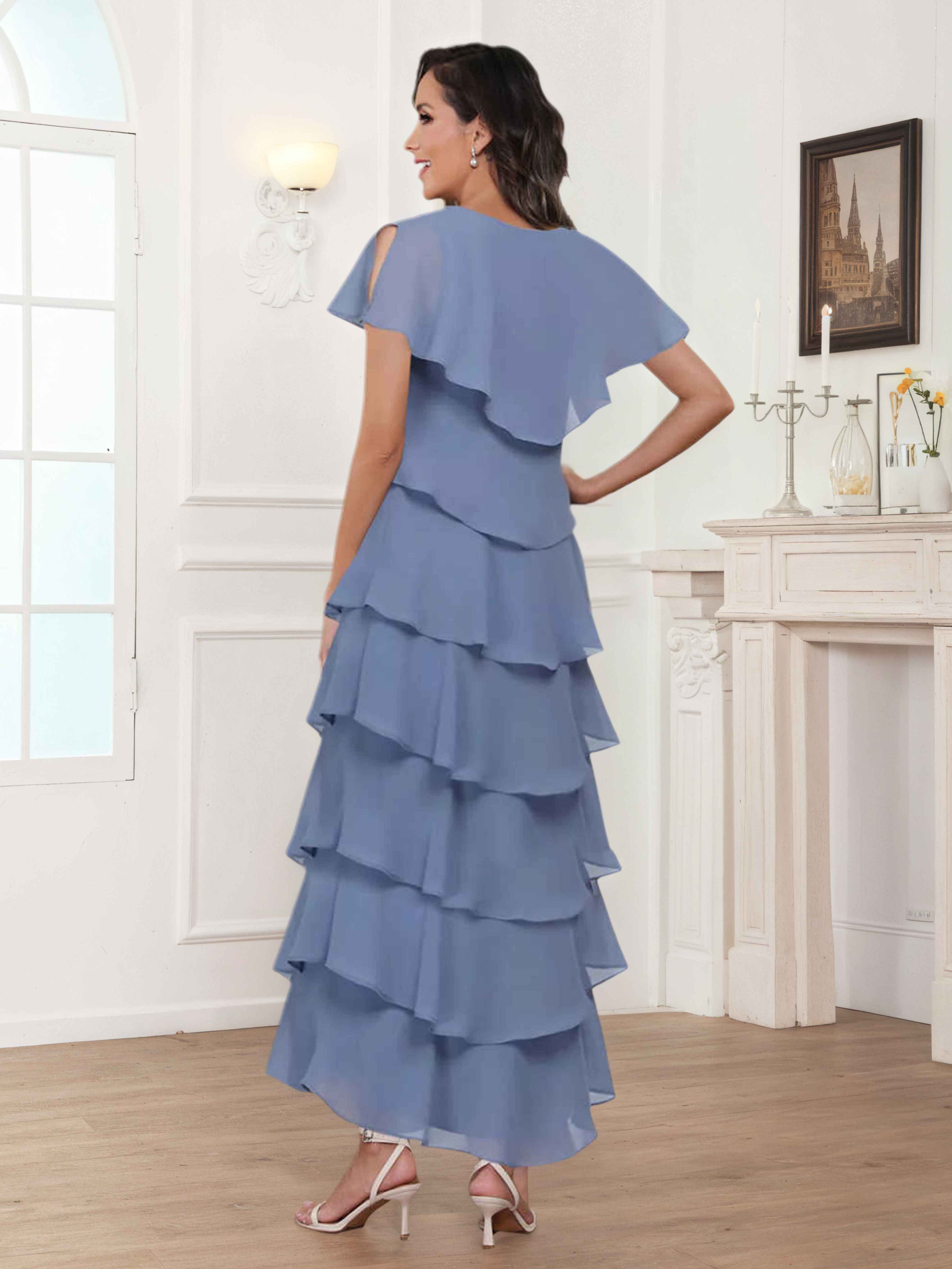 Diantha Chic V Neck Tiered Long Chiffon Mother Of The Bride Dresses