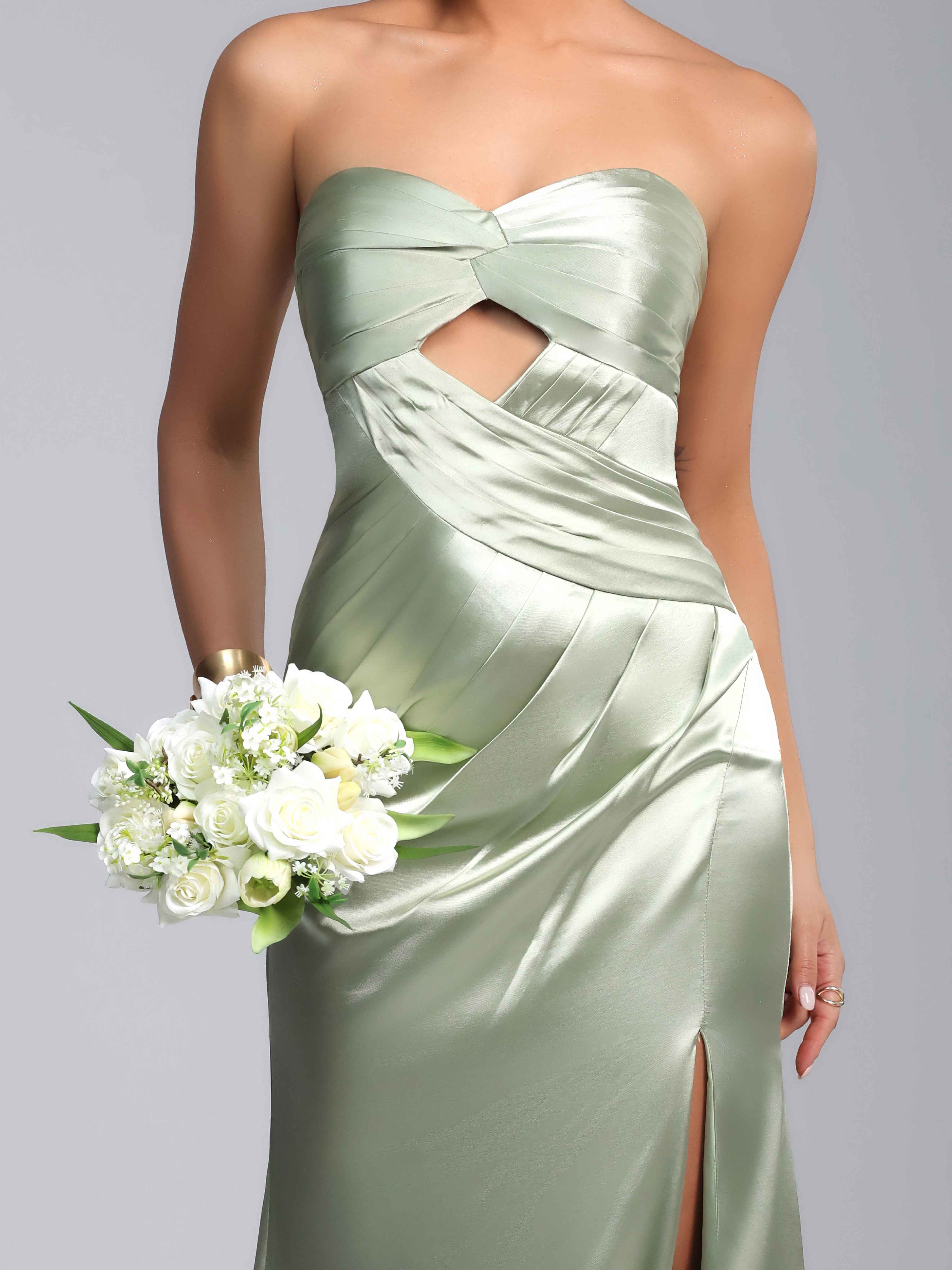 Draelith Sexy Mermaid Sweetheart Ruched Long Satin Prom Dress with Slit