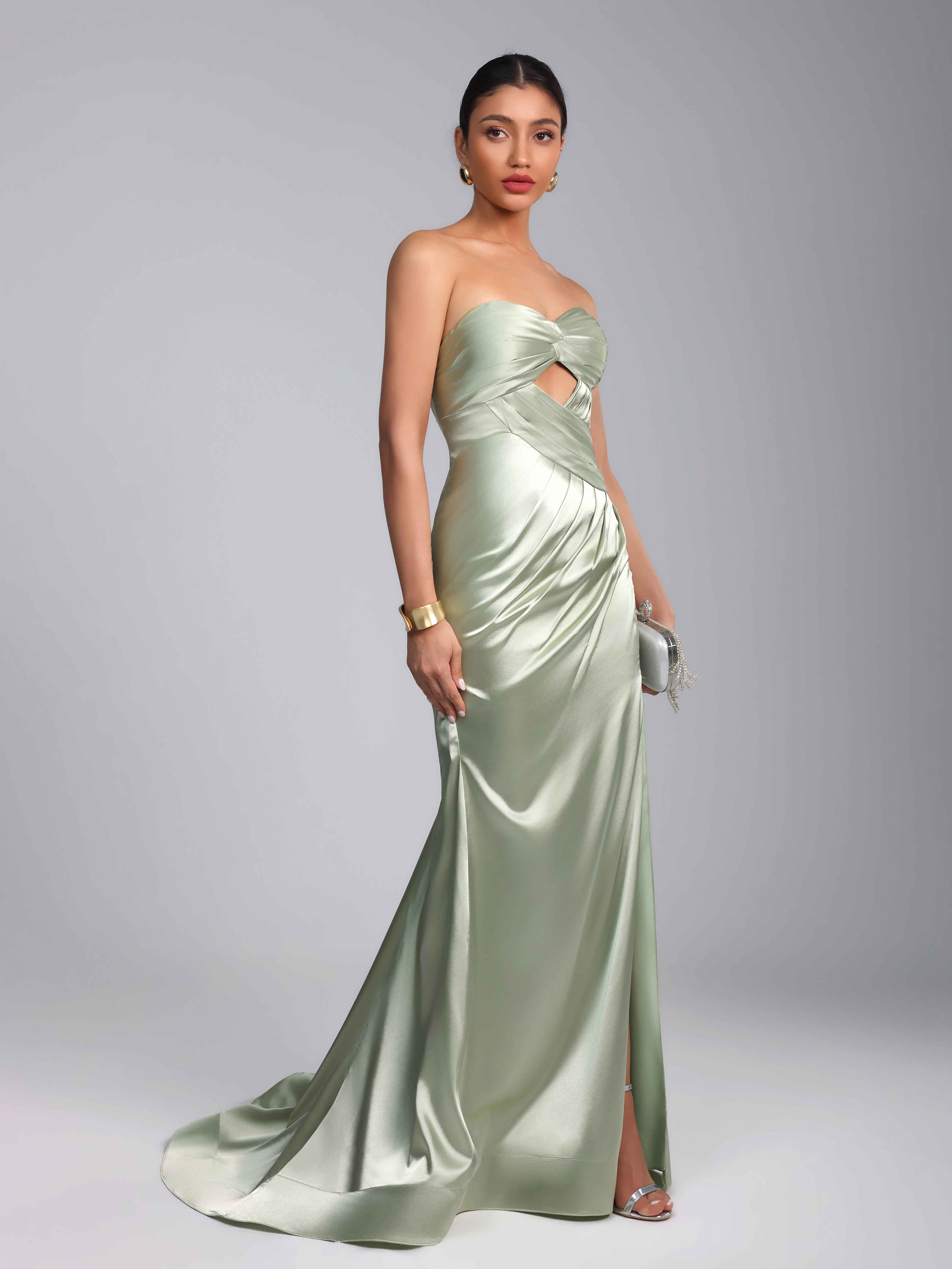 Draelith Sexy Mermaid Sweetheart Ruched Long Satin Prom Dress with Slit