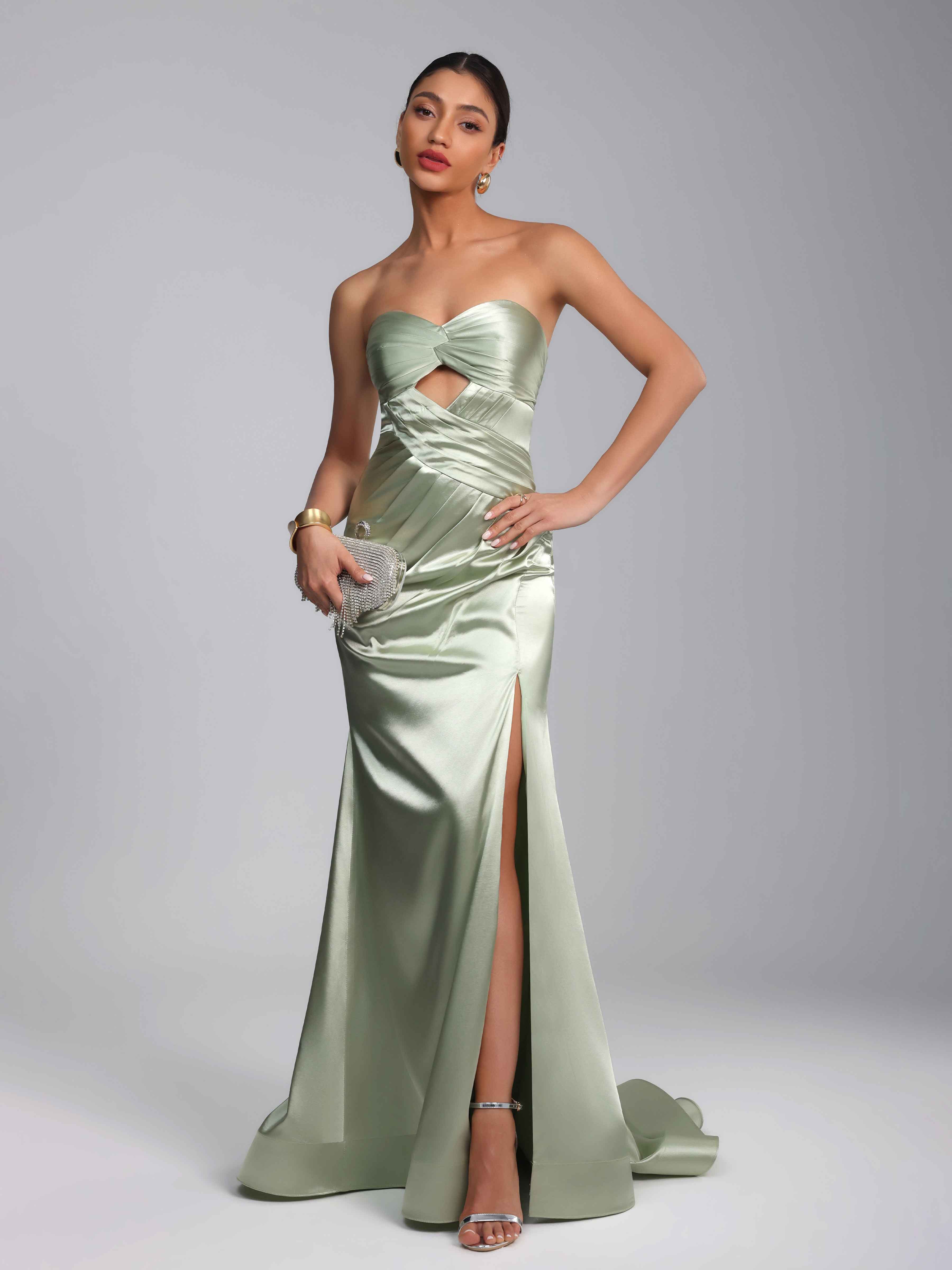Draelith Sexy Mermaid Sweetheart Ruched Long Satin Prom Dress with Slit
