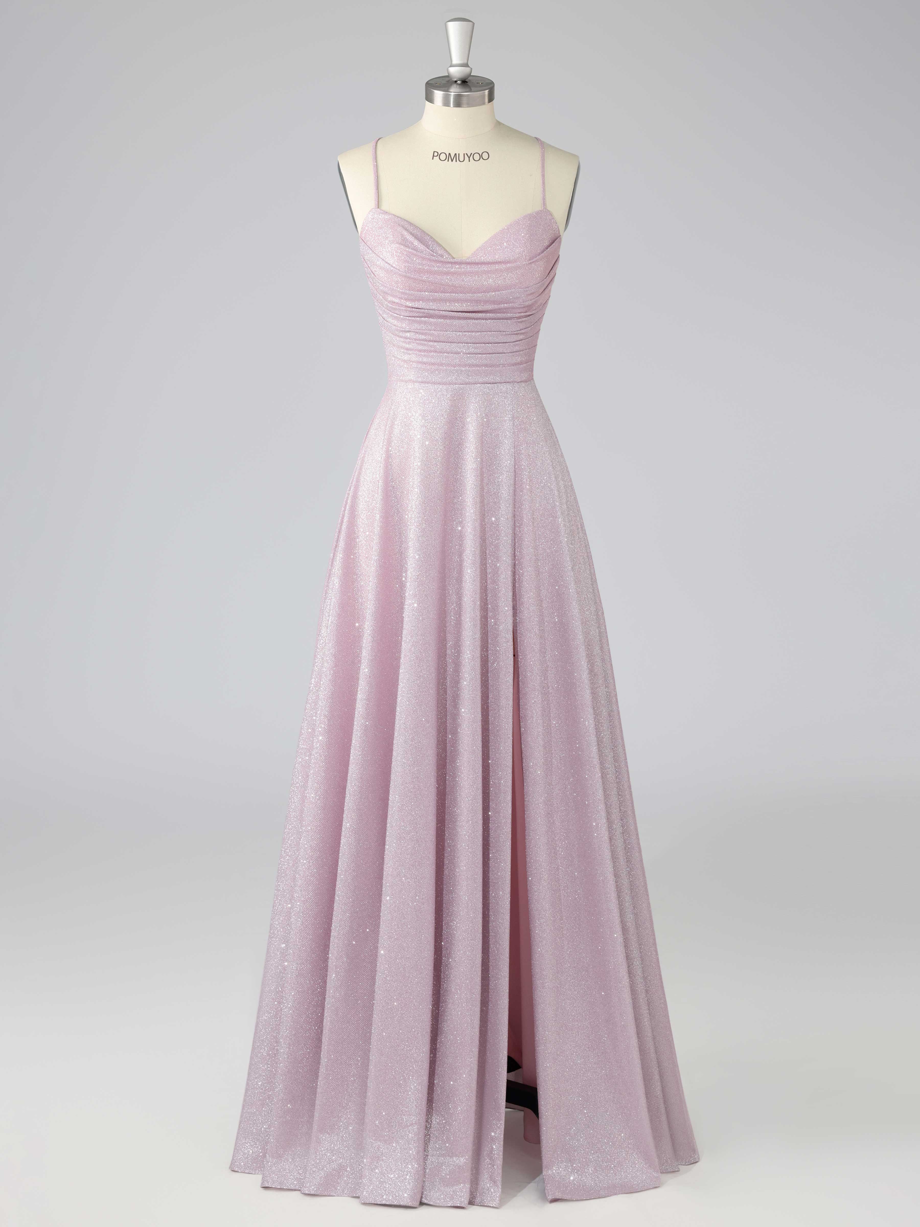 Dreamy A-Line Cowl Spaghetti Straps Ruched Long Glotter Prom Dresses