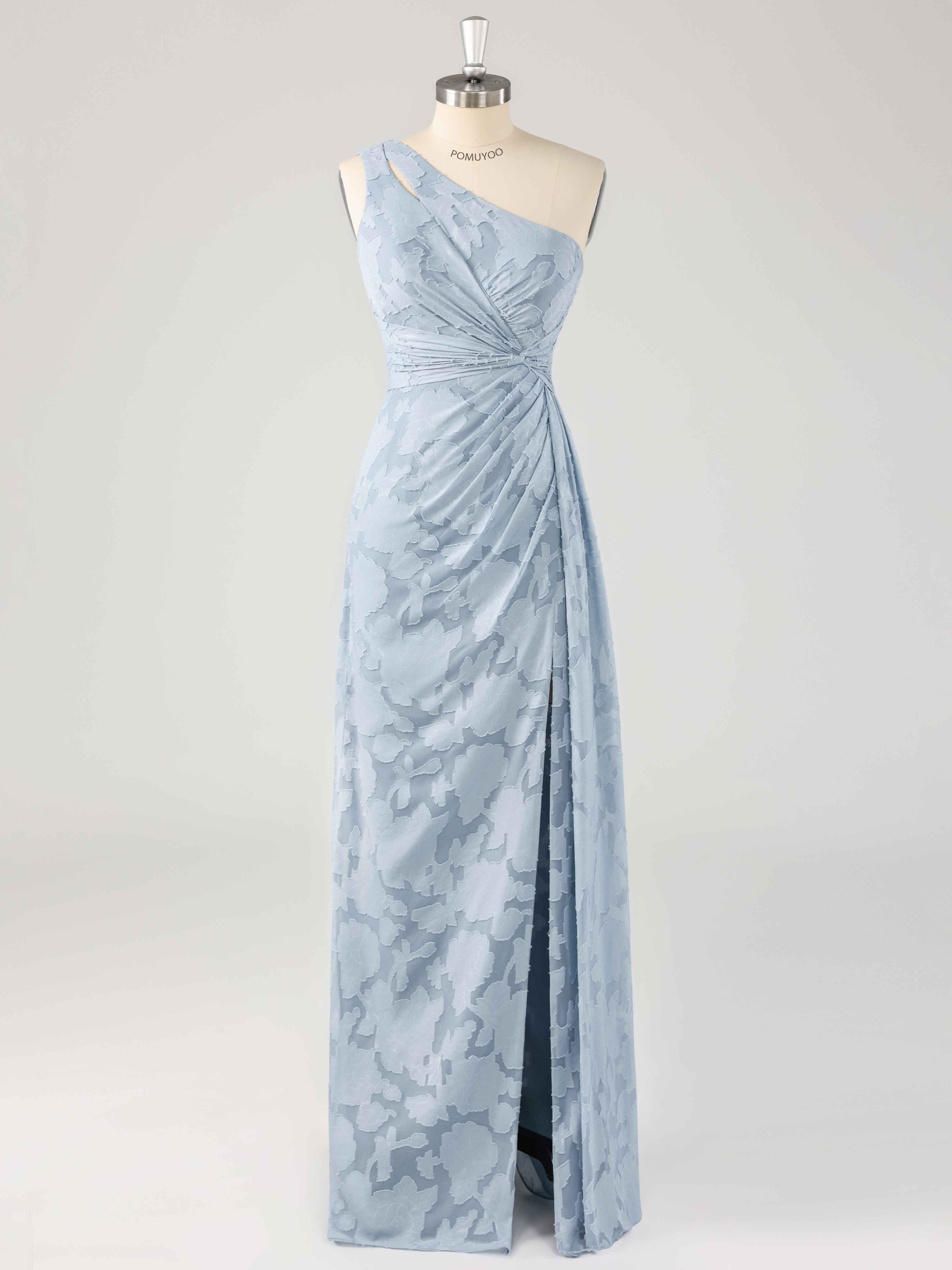 Dreamy One Shoulder Pleated Slit Floor Length Floral Lace Bridesmaid D Dreamy One Shoulder Pleated Slit Floor Length Floral Lace Bridesmaid D