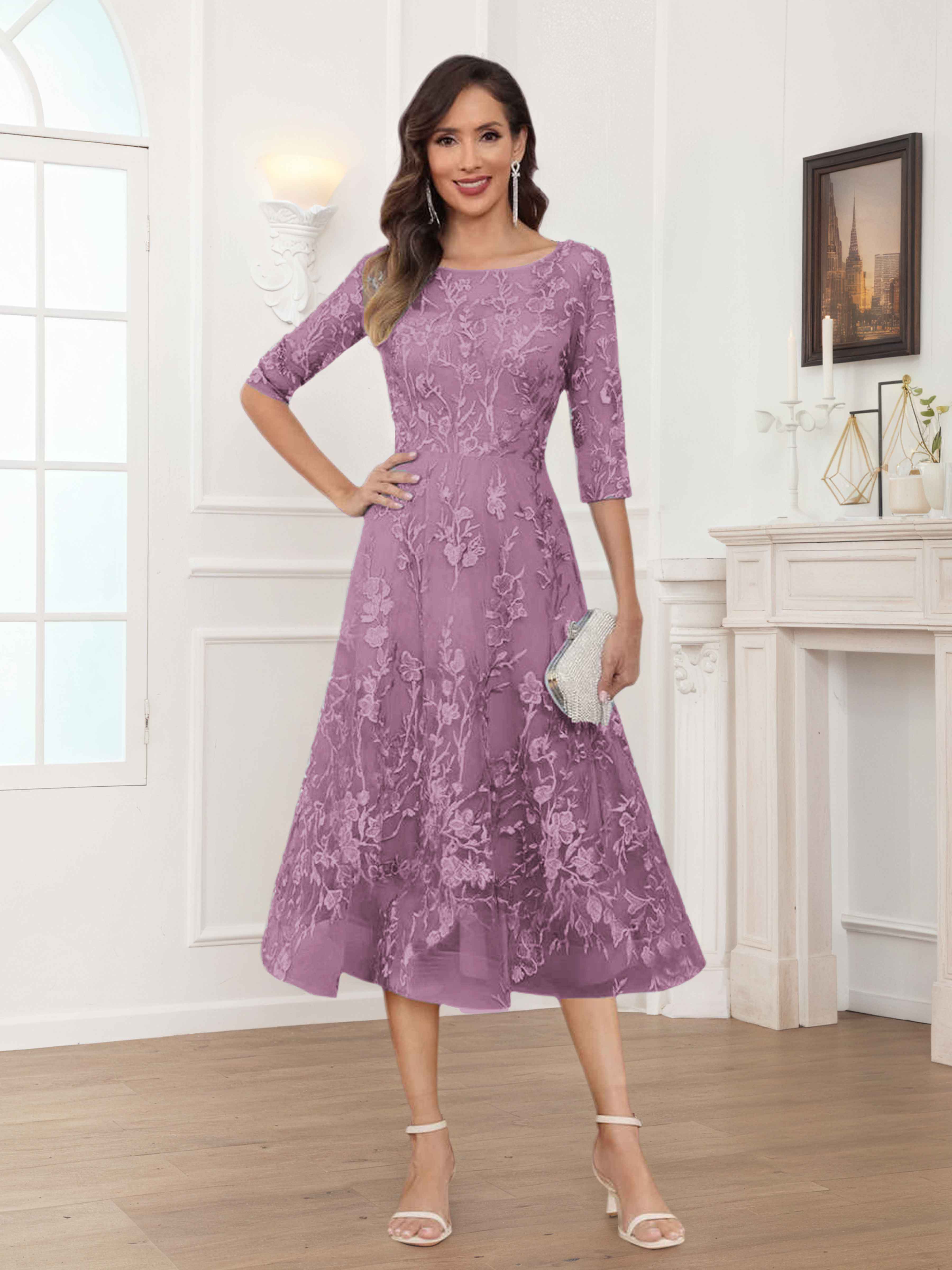 Pax Exquisite A-Line Illusion Lace Tea Length Mother of The Bride Dresses