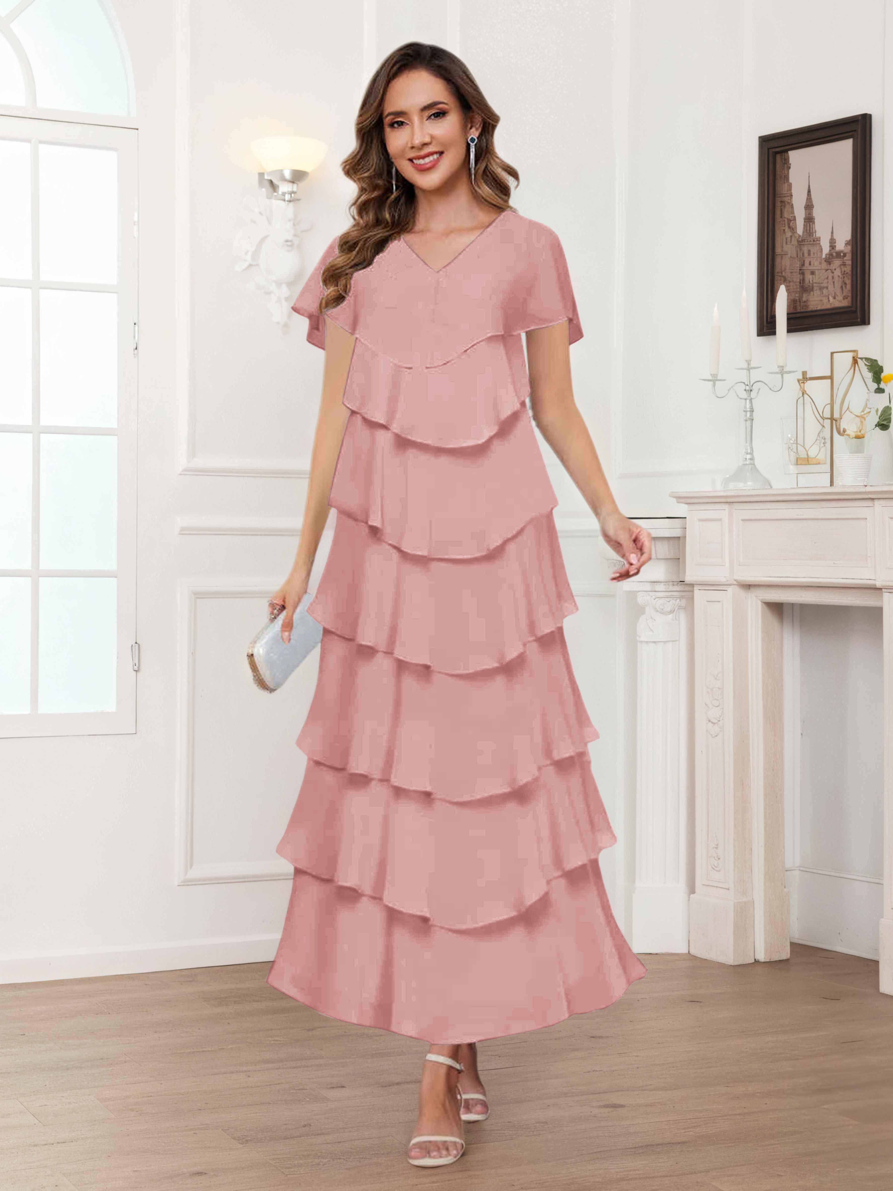 Diantha Chic V Neck Tiered Long Chiffon Mother Of The Bride Dresses, Ivory