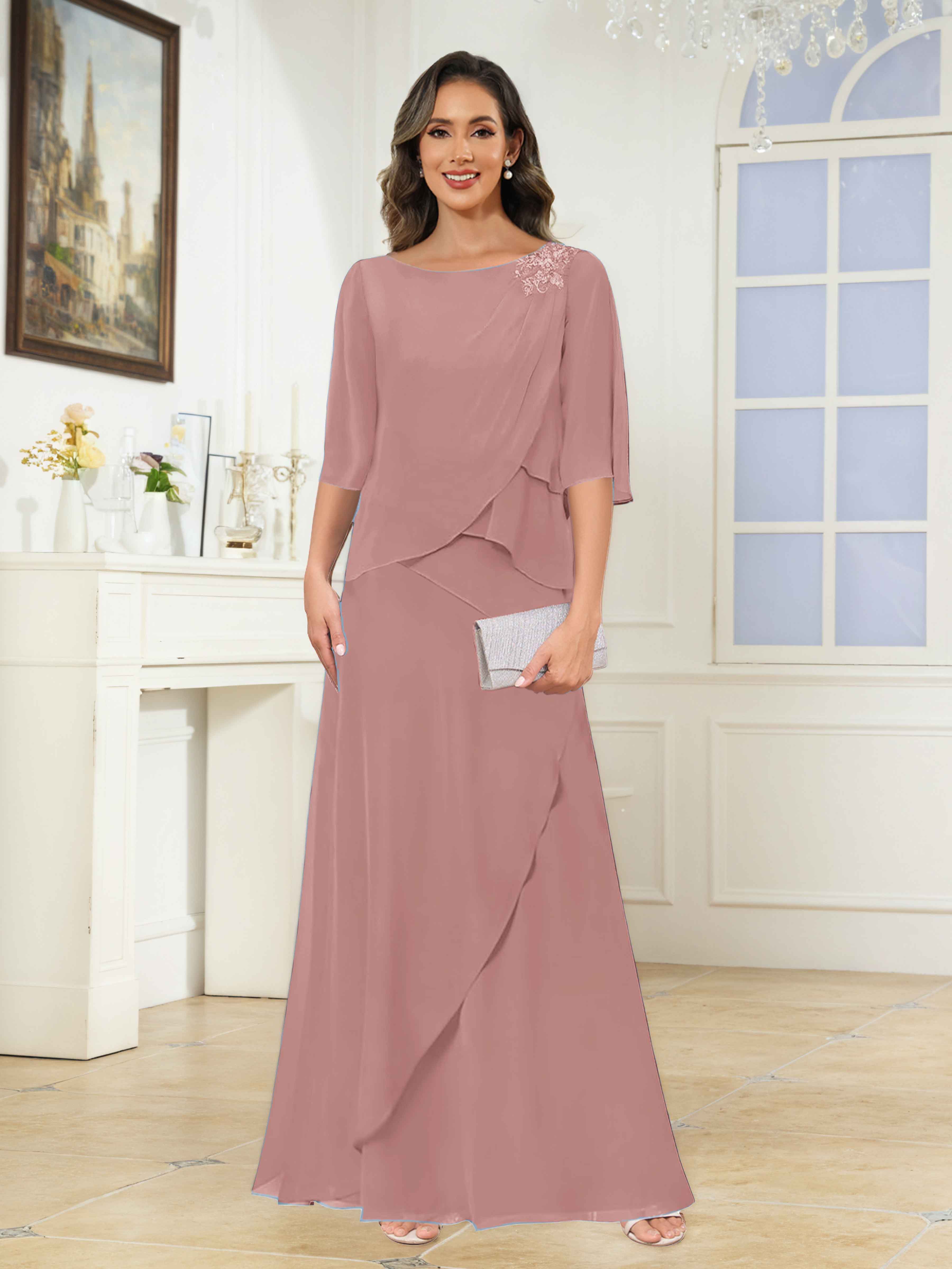 Larkin Flattering Scoop Tiered Appliques Floor Length Chiffon Mother of the Bride Dresses