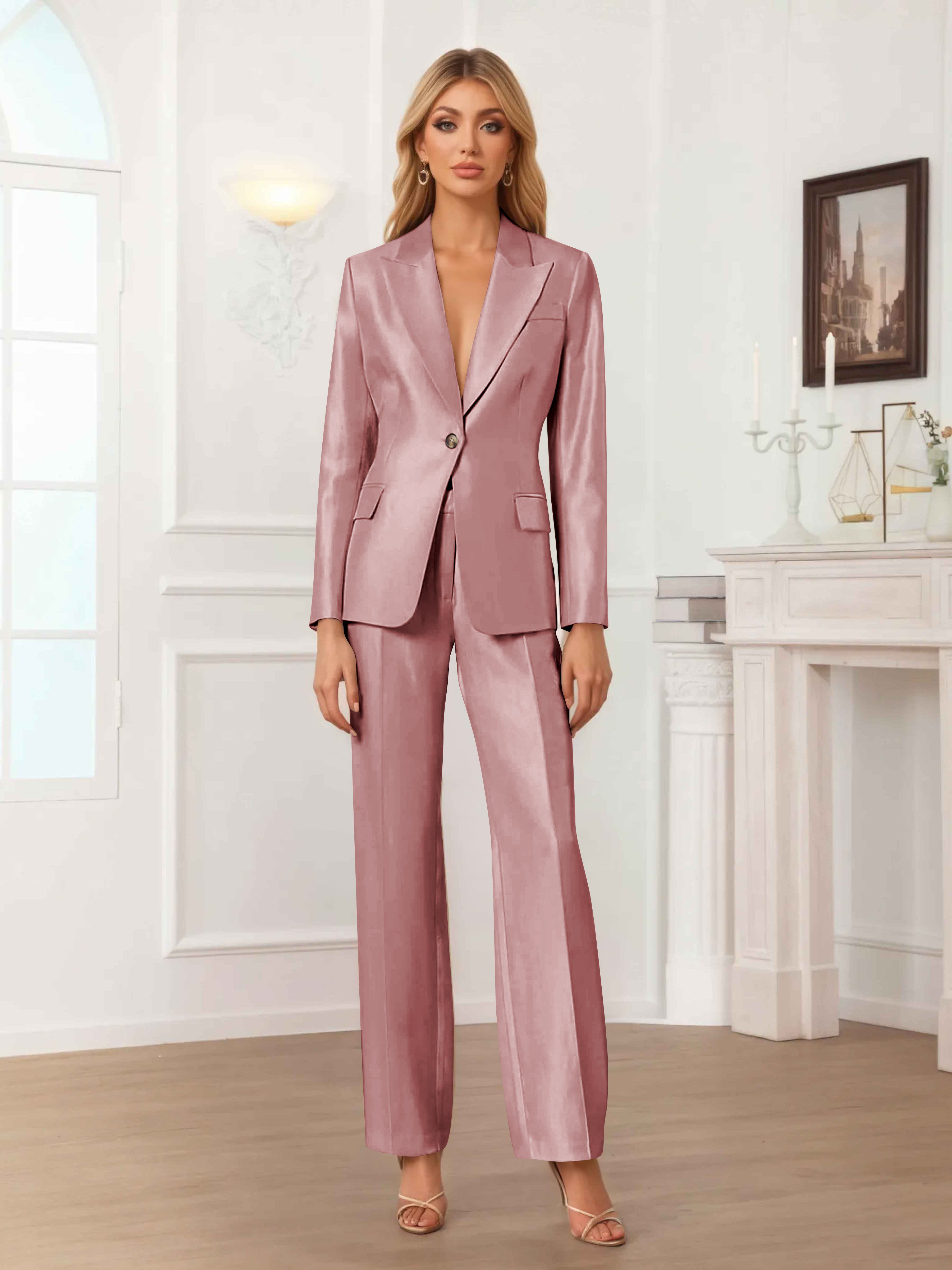 Women's 2 Pieces Peak Lapel One-Button Satin Formal Suit Set
