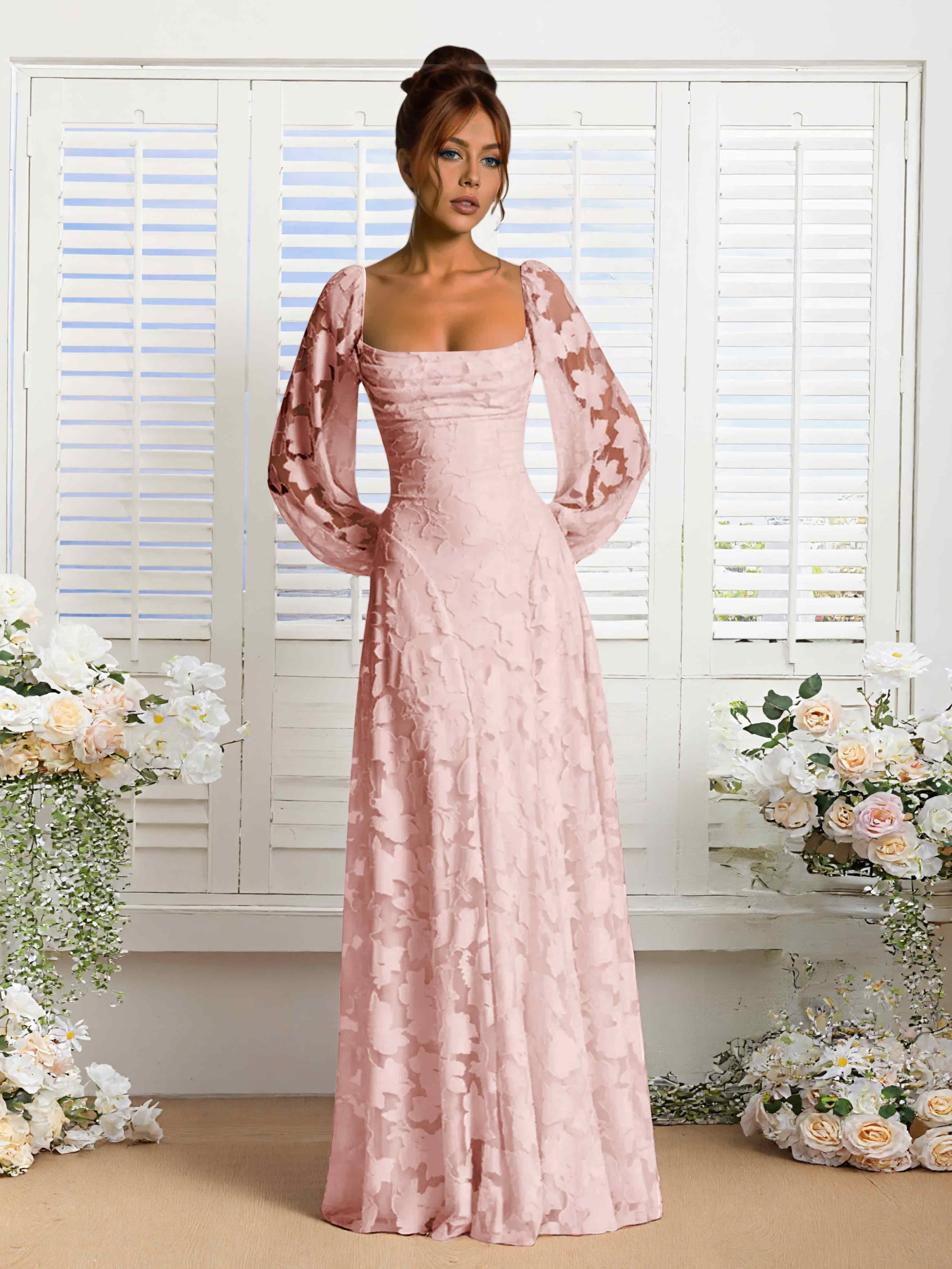 Xandra A-Line Long Sleeves Floor Length Floral Lace Formal Dresses
