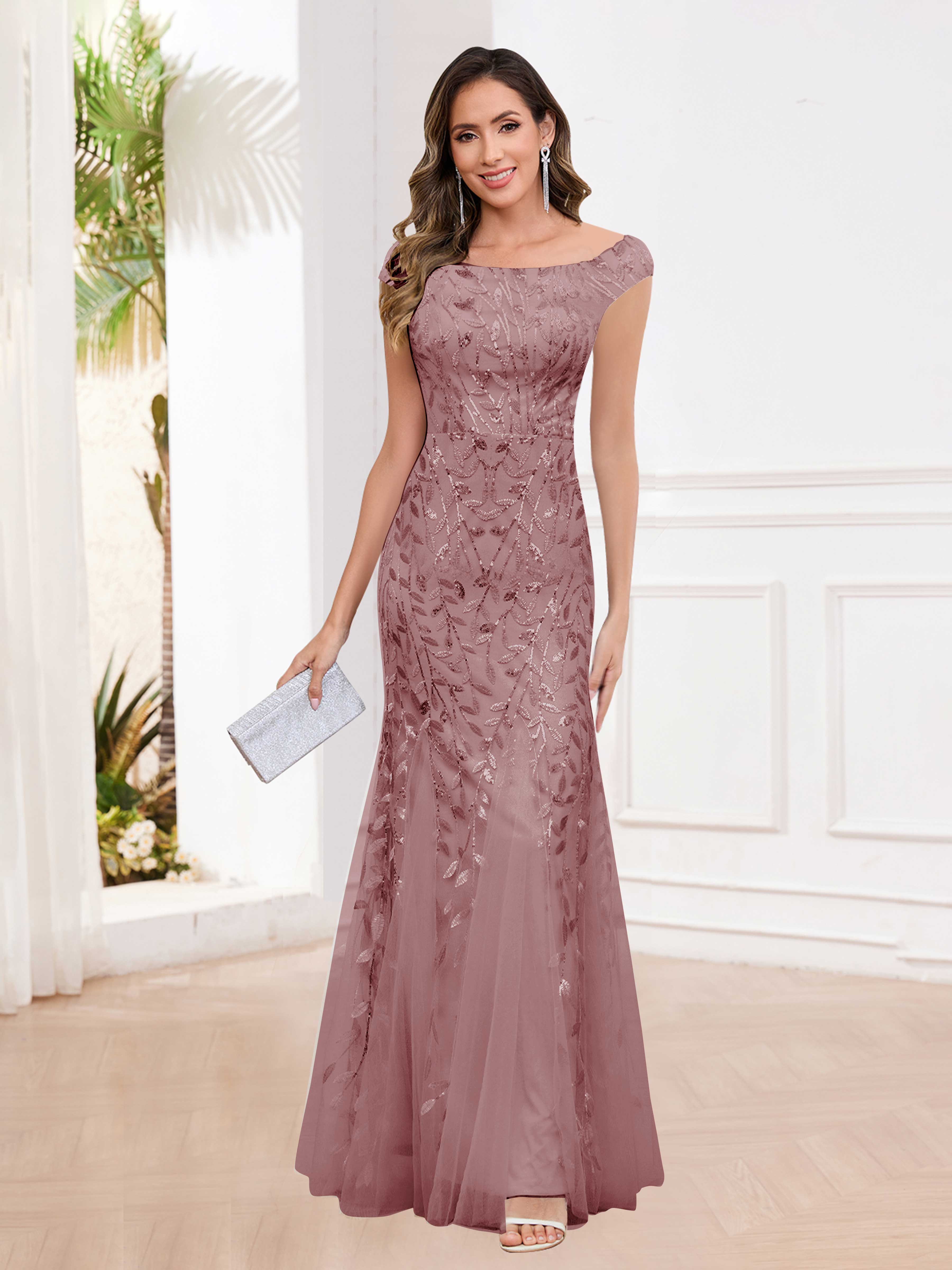Aelindra Modern Sheath Leaf Sequins Long Mother of the Bride & Groom Dresses