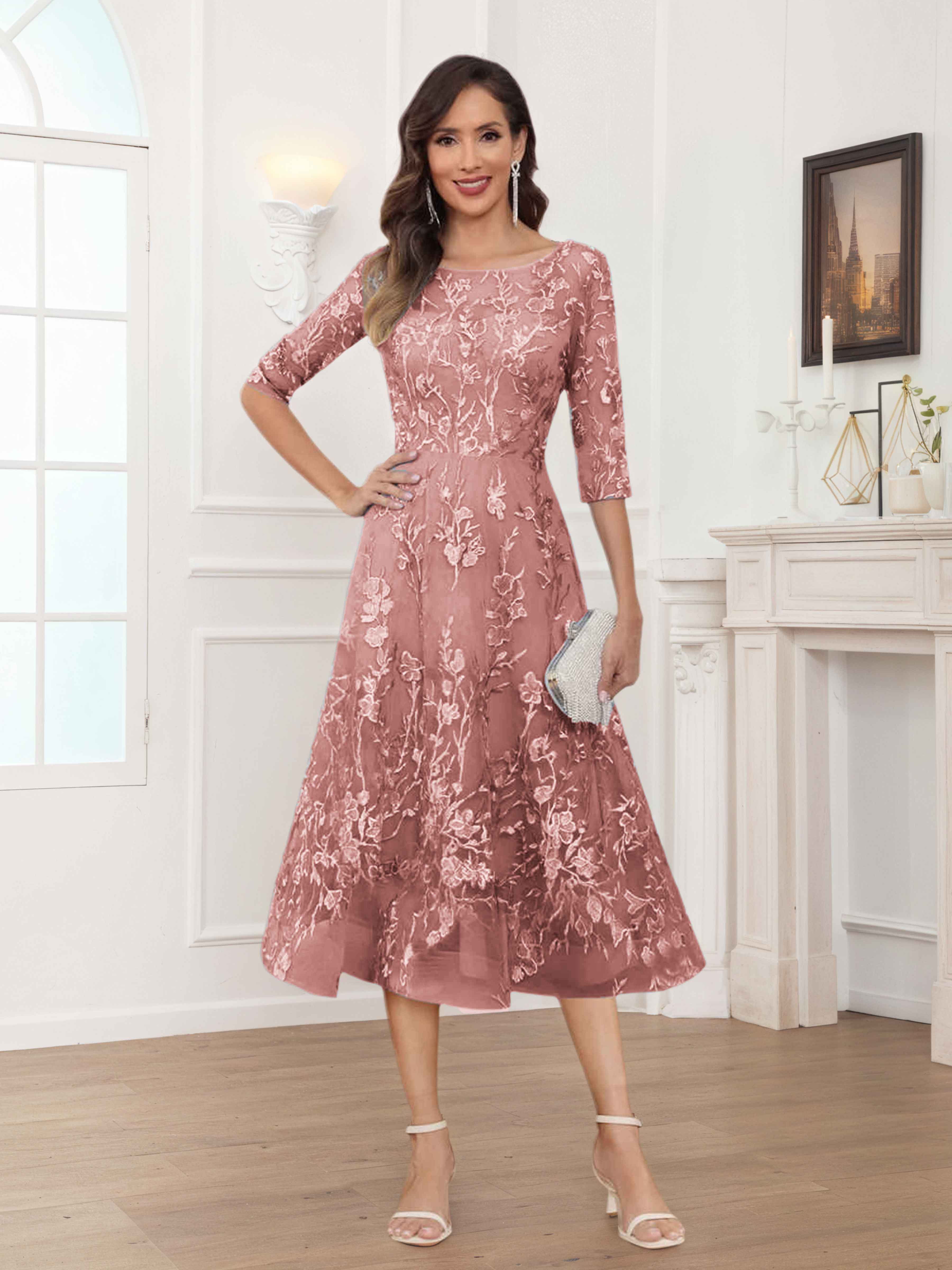 Pax Exquisite A-Line Illusion Lace Tea Length Mother of The Bride Dresses
