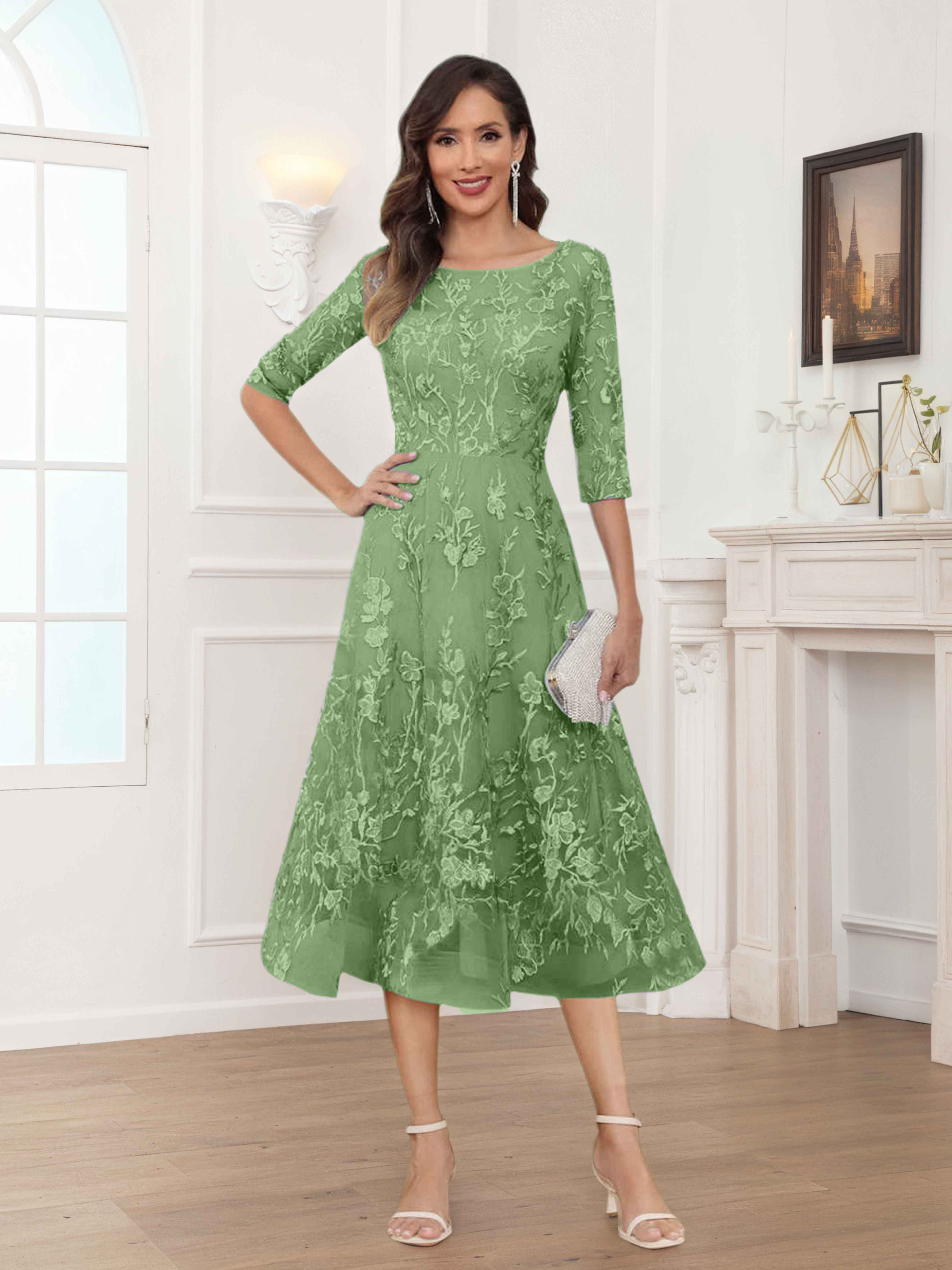 Pax Exquisite A-Line Illusion Lace Tea Length Mother of The Bride Dresses