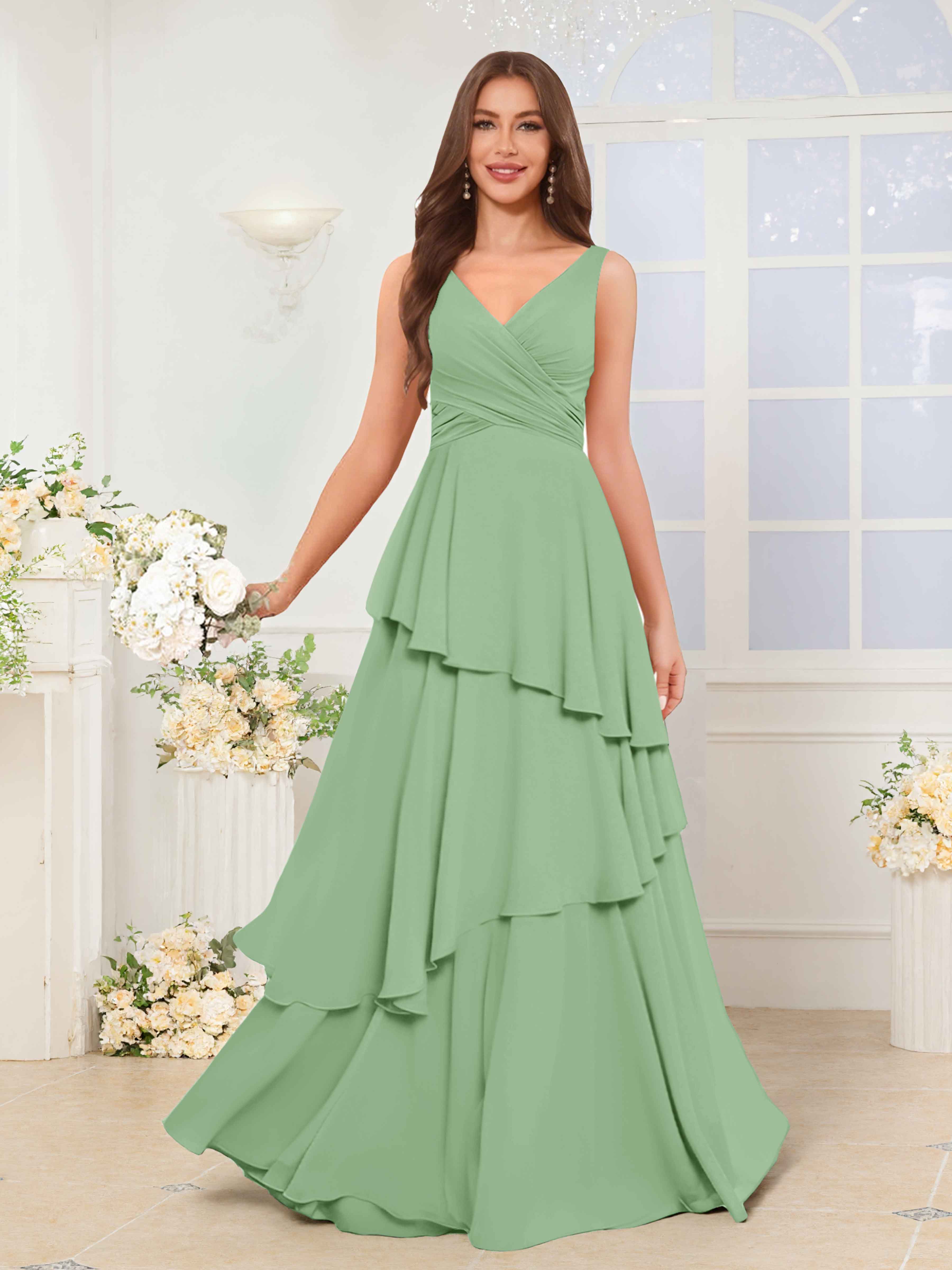 bridesmaid dresses chic Naelitharae V Neck Ruched Long Chiffon Dresses, Dusty Sage Band size:95 Stretch Satin ( Non Size_c_M Maxi Dress Black Glitter