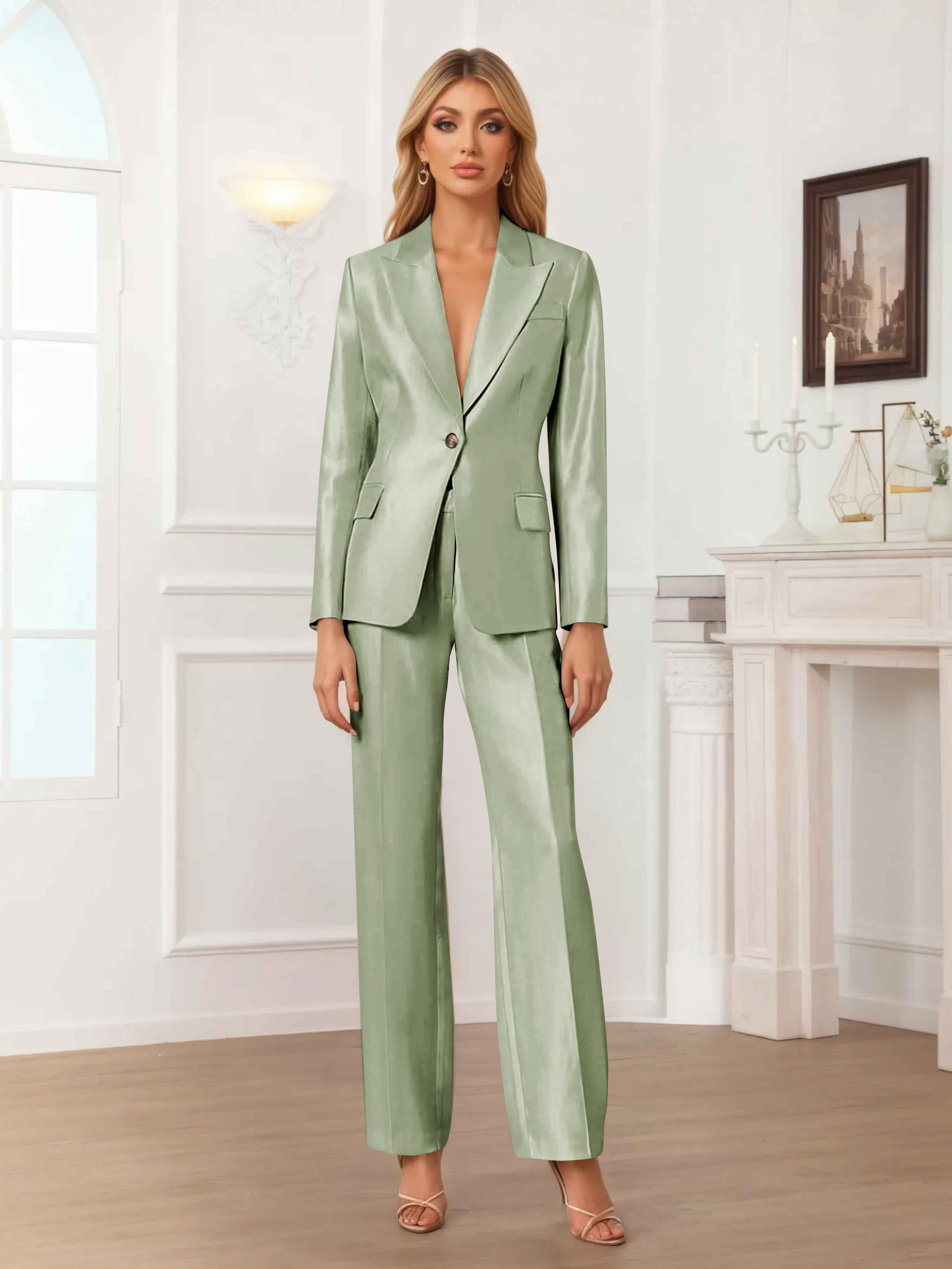 Women's 2 Pieces Peak Lapel One-Button Satin Formal Suit Set