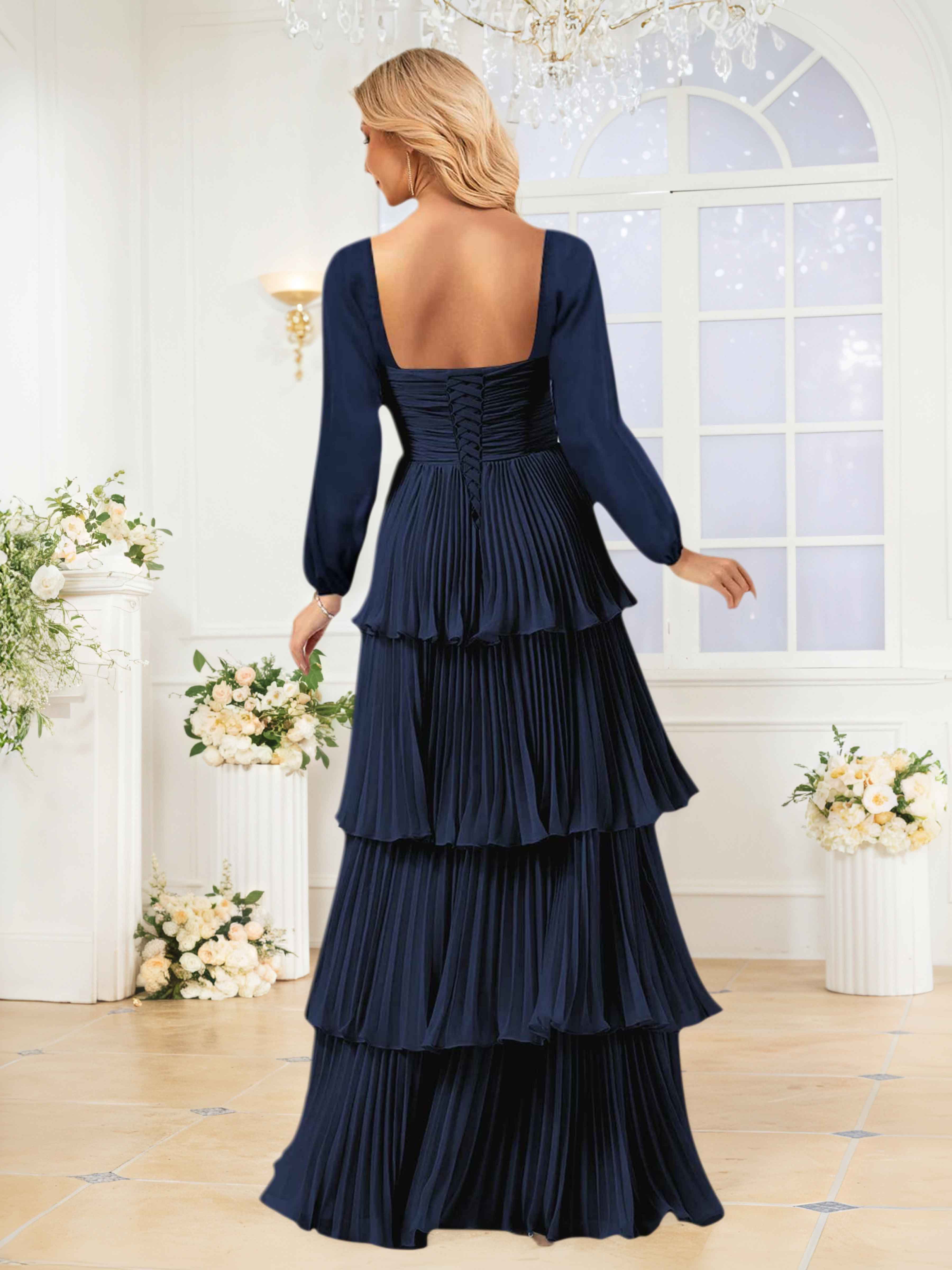 Eirwen Modest Long Sleeves Pleated Long Chiffon Bridesmaid Dresses