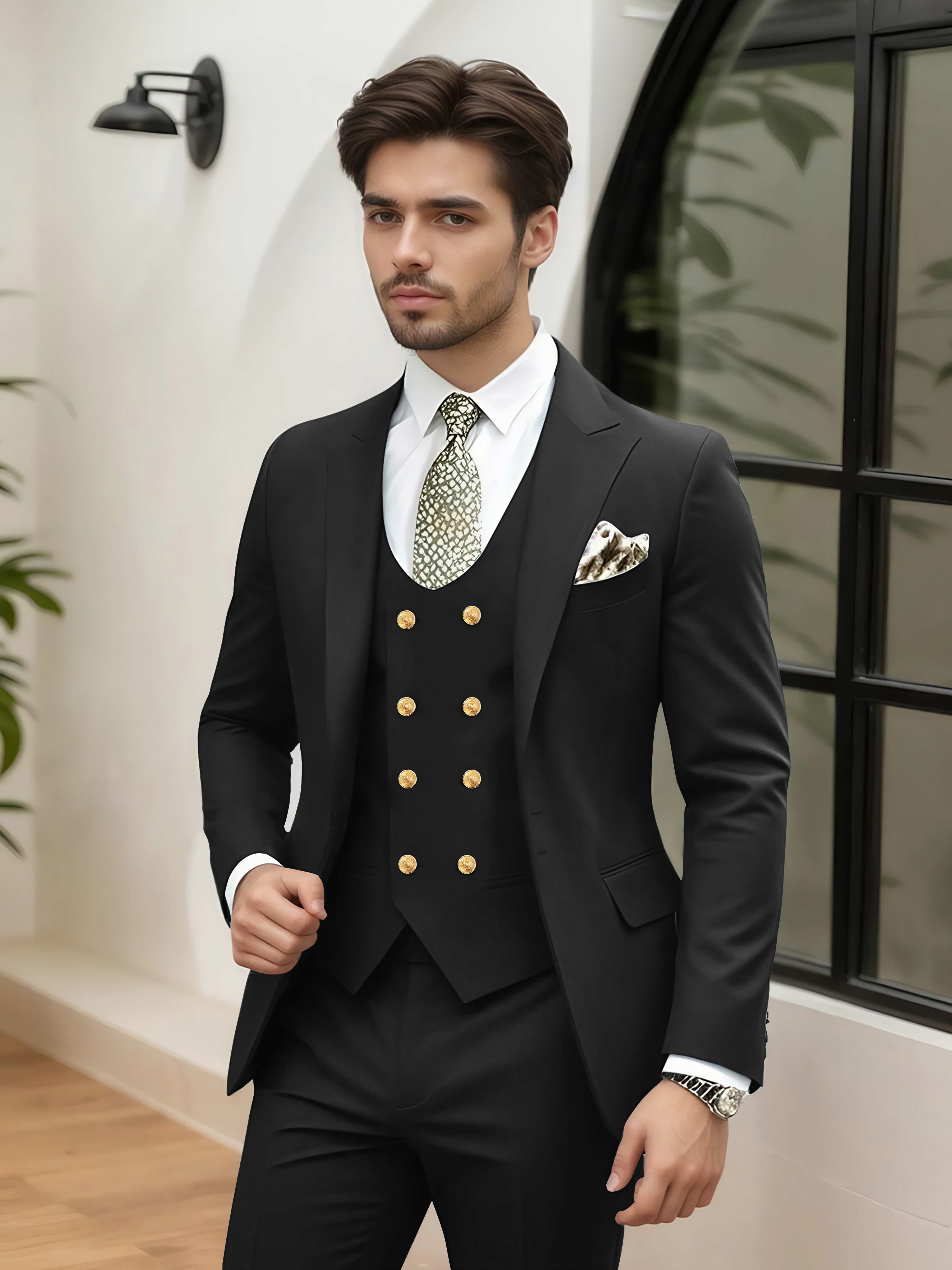 Elegant 3 Pieces Men’s Wedding Suit Tailored Fit One Button Peak Lapel