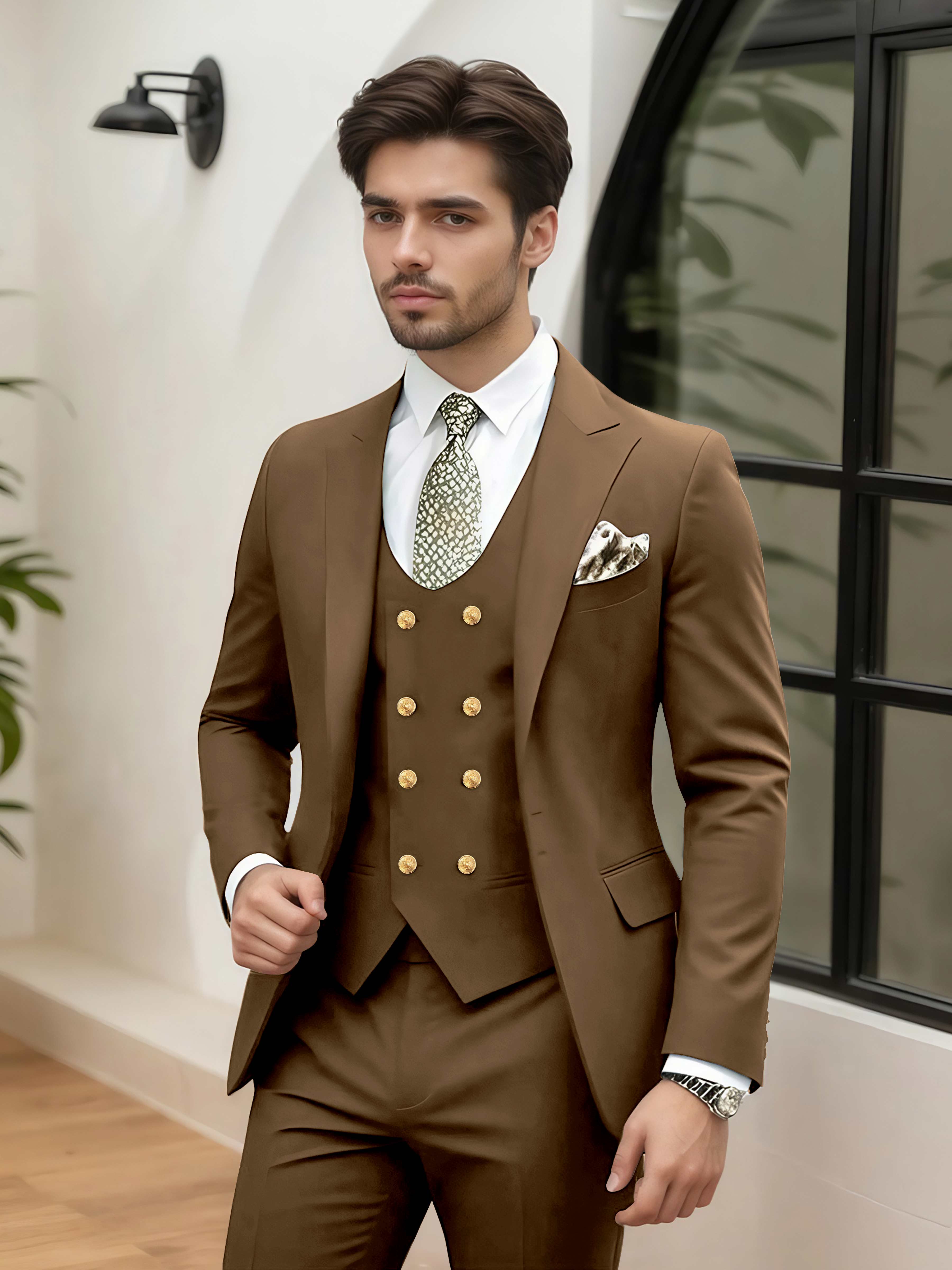 Elegant 3 Pieces Men’s Wedding Suit Tailored Fit One Button Peak Lapel