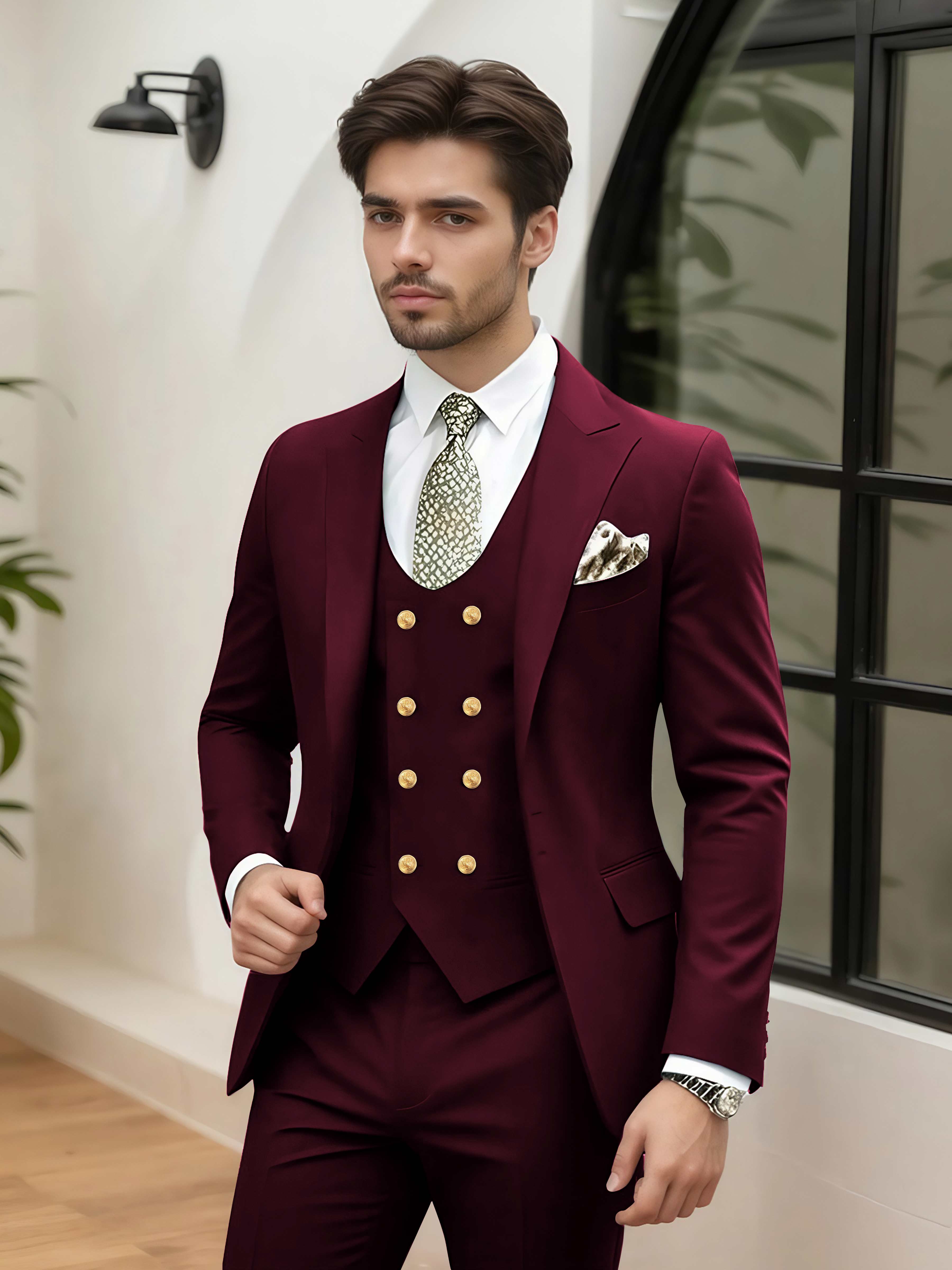 Elegant 3 Pieces Men’s Wedding Suit Tailored Fit One Button Peak Lapel