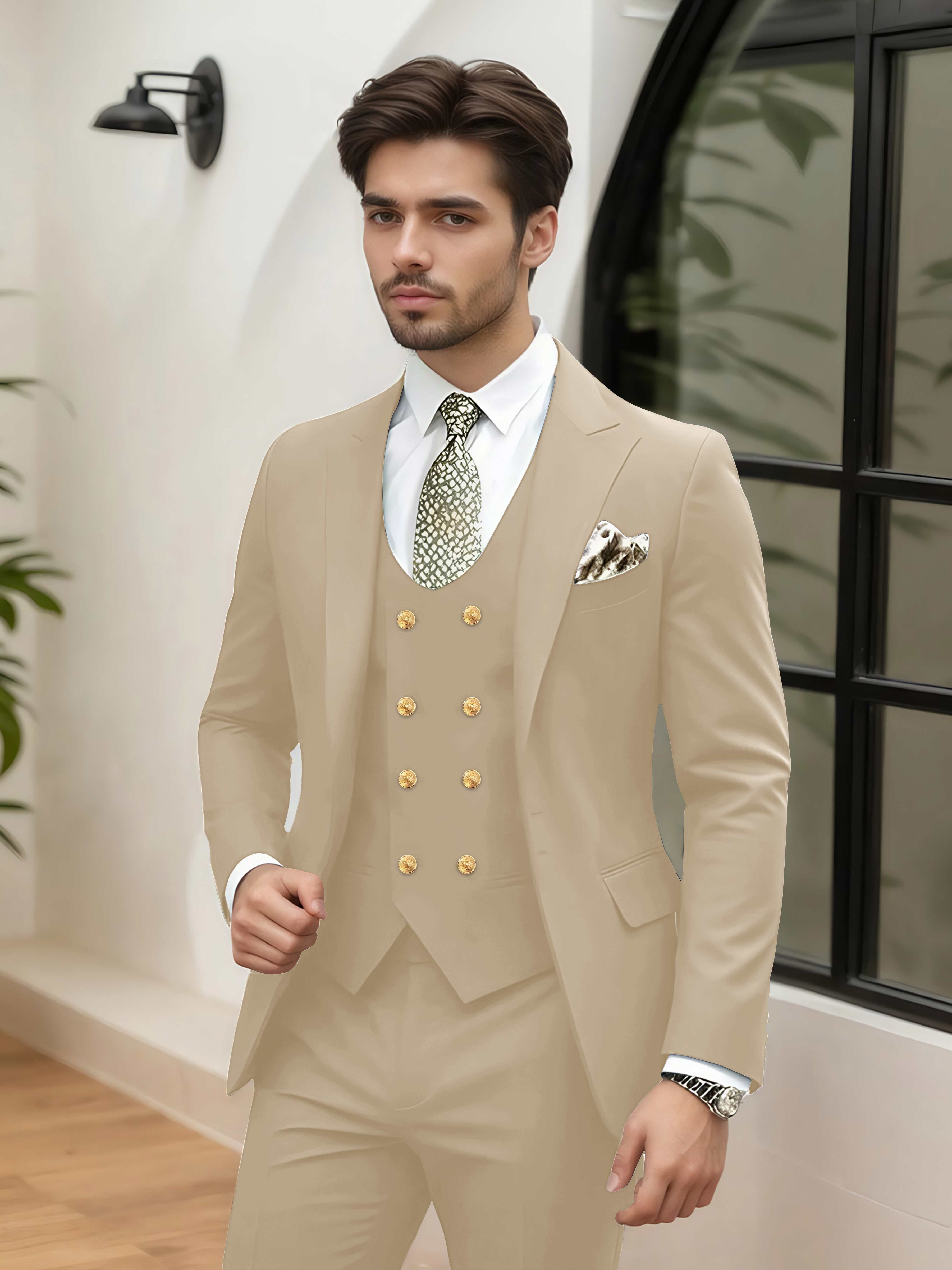 Elegant 3 Pieces Men’s Wedding Suit Tailored Fit One Button Peak Lapel