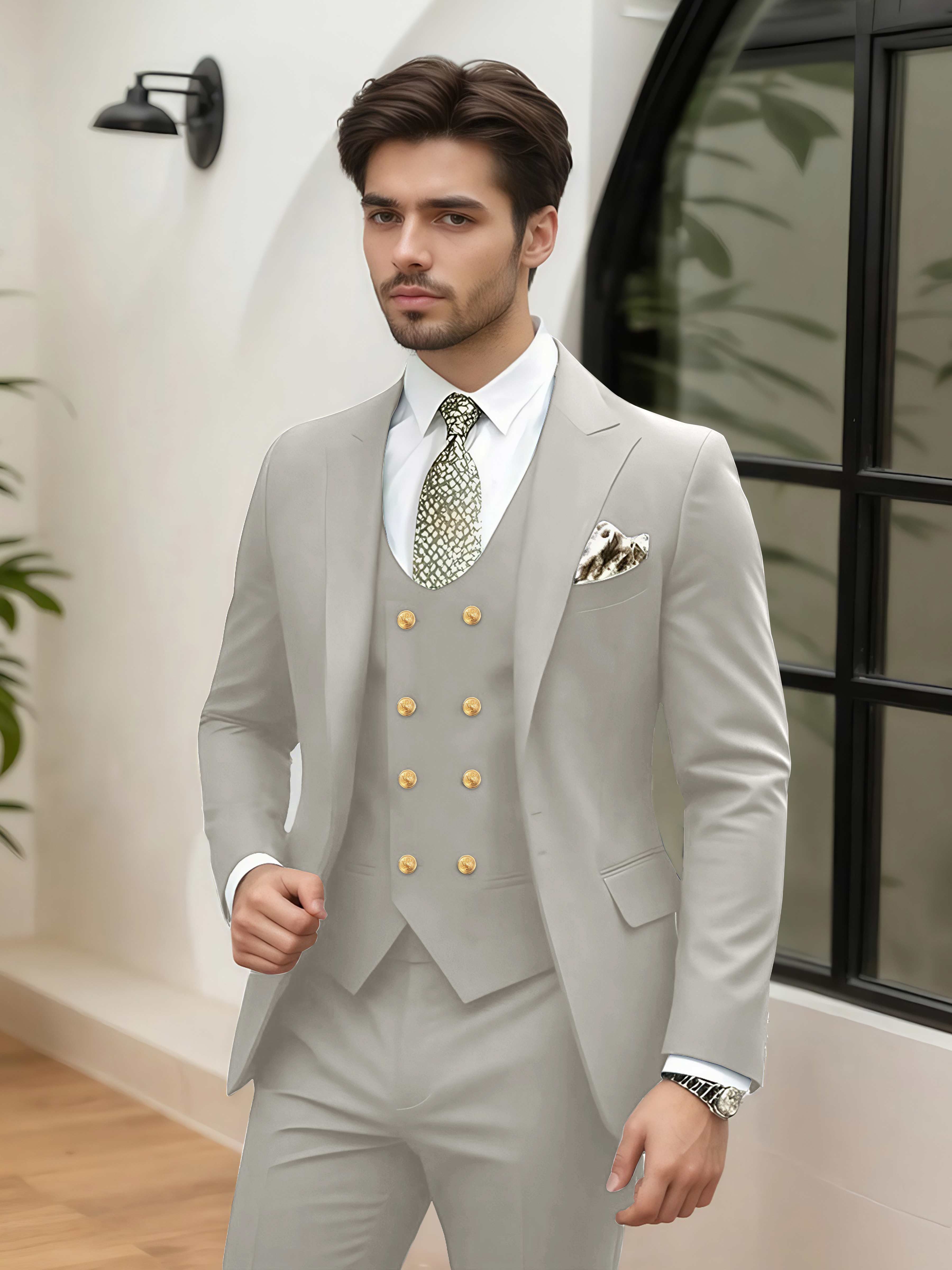 Elegant 3 Pieces Men’s Wedding Suit Tailored Fit One Button Peak Lapel