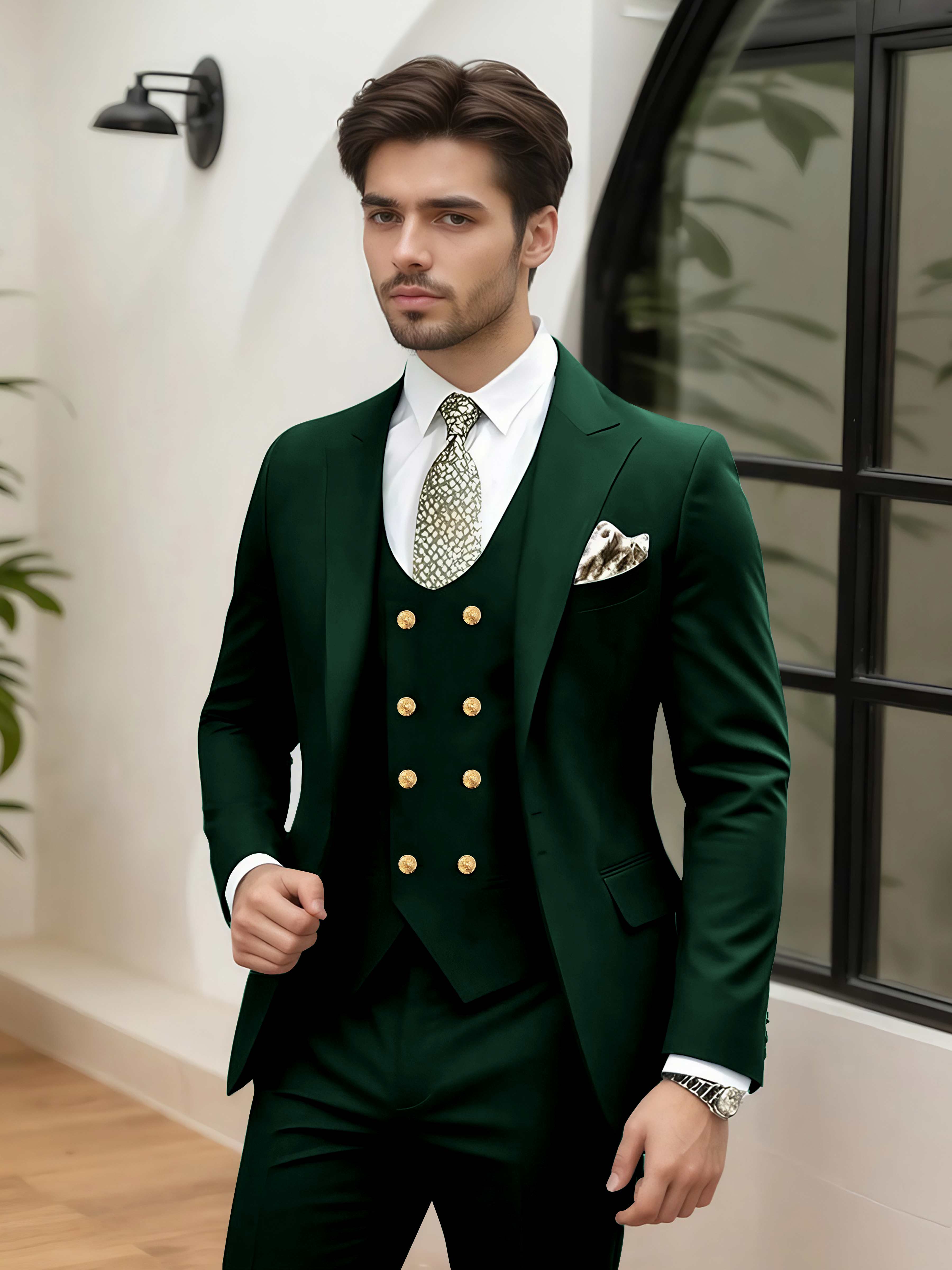 Elegant 3 Pieces Men’s Wedding Suit Tailored Fit One Button Peak Lapel