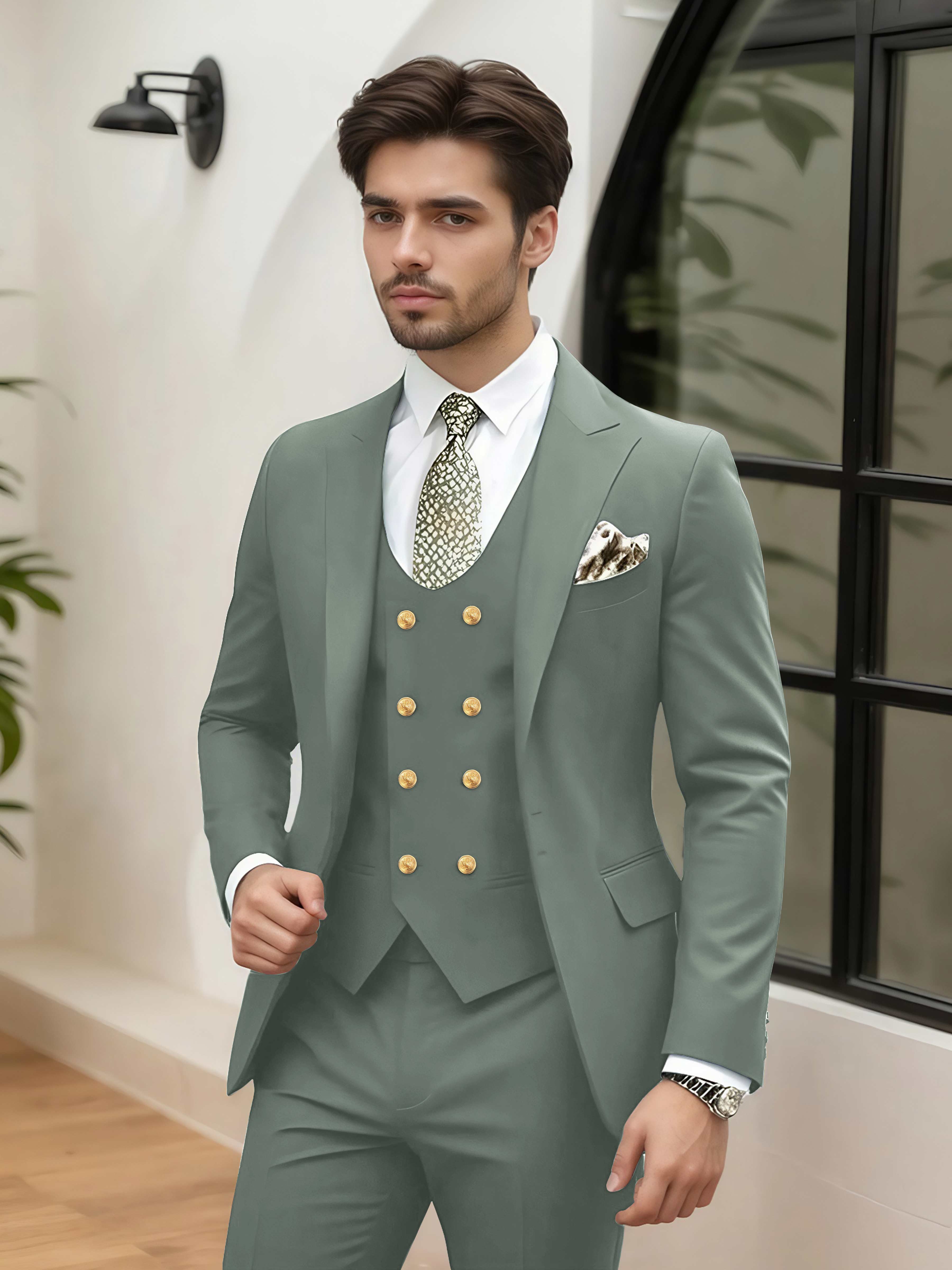 Elegant 3 Pieces Men’s Wedding Suit Tailored Fit One Button Peak Lapel