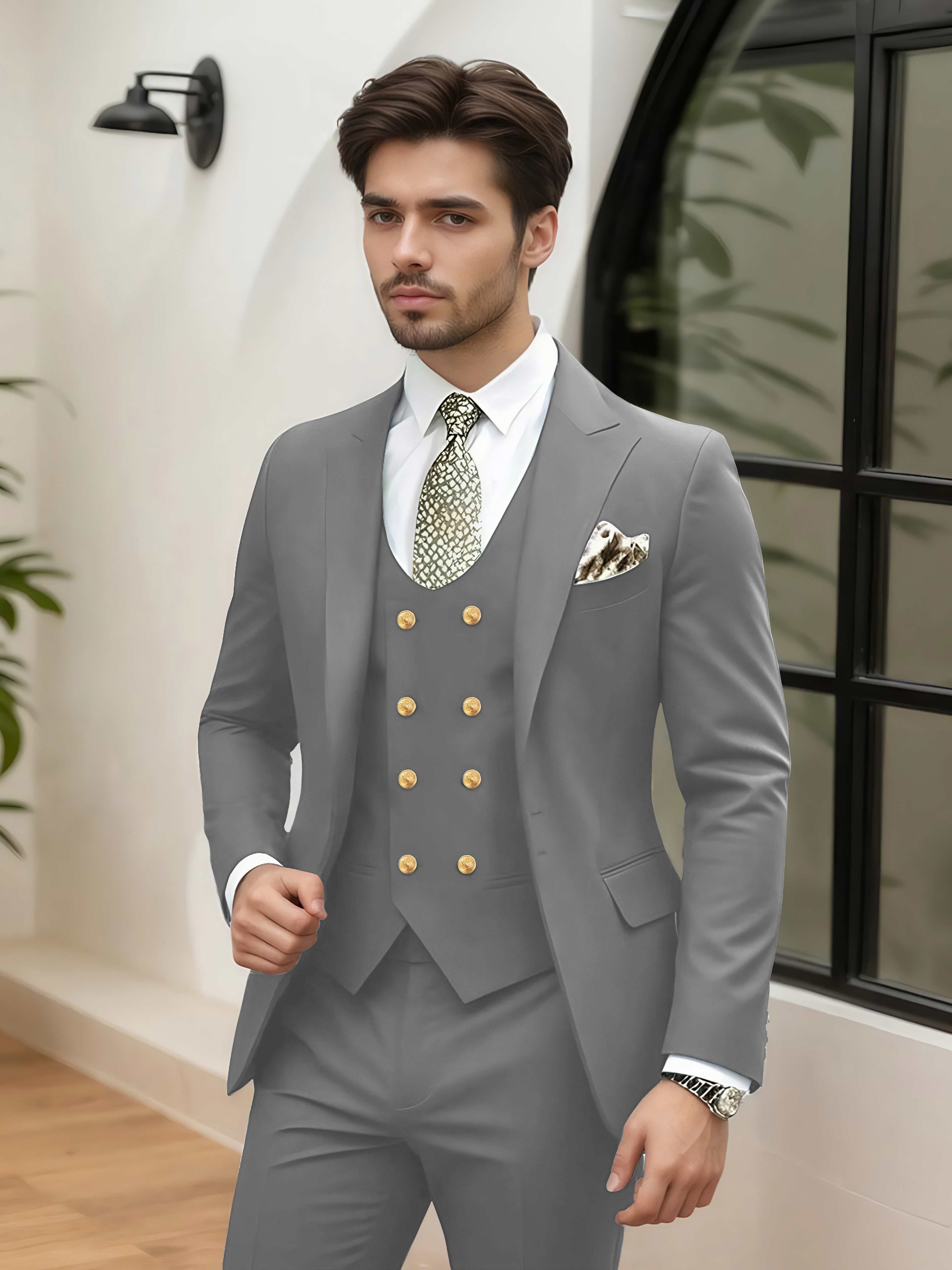 Elegant 3 Pieces Men’s Wedding Suit Tailored Fit One Button Peak Lapel