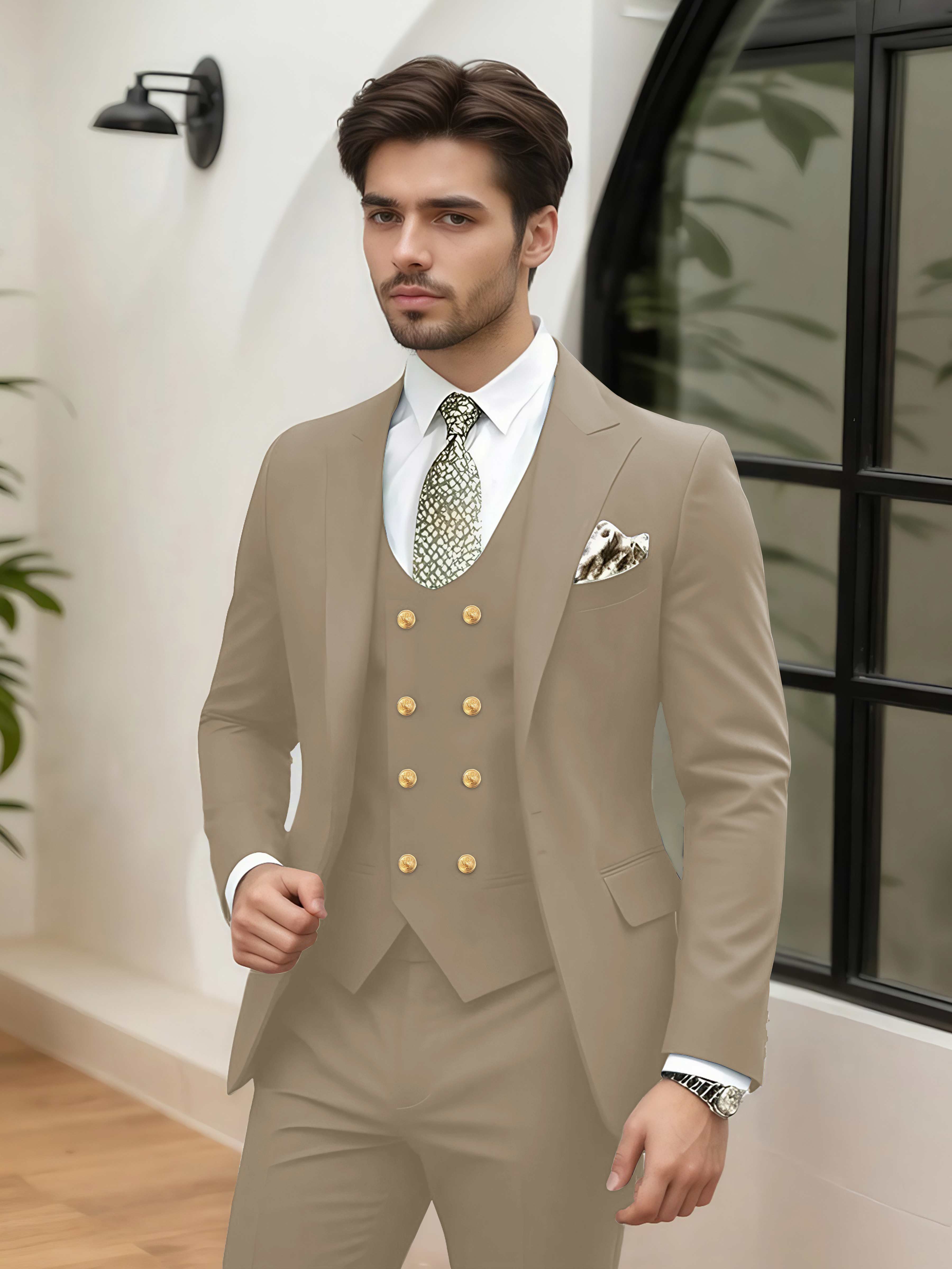 Elegant 3 Pieces Men’s Wedding Suit Tailored Fit One Button Peak Lapel