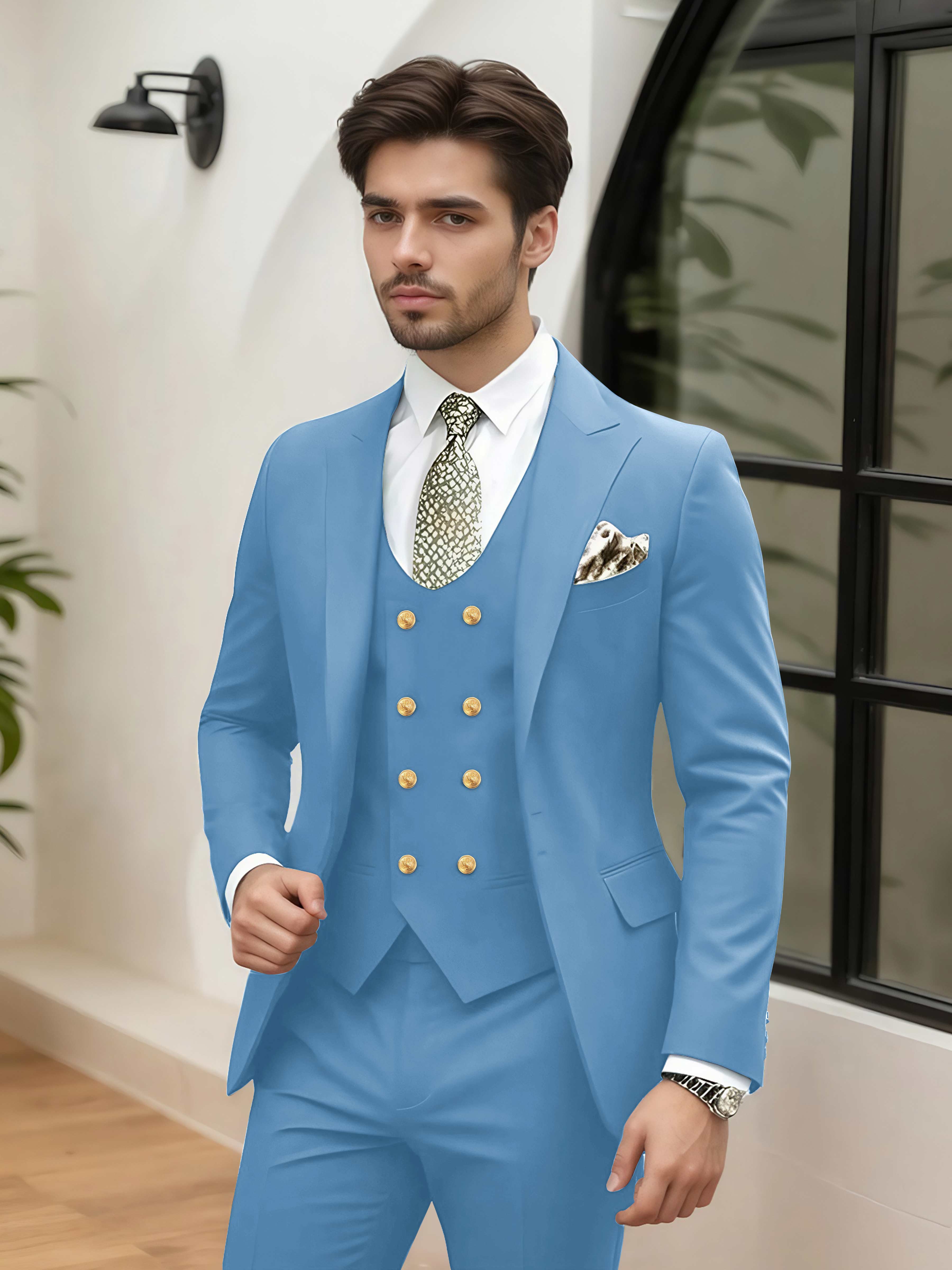 Elegant 3 Pieces Men’s Wedding Suit Tailored Fit One Button Peak Lapel