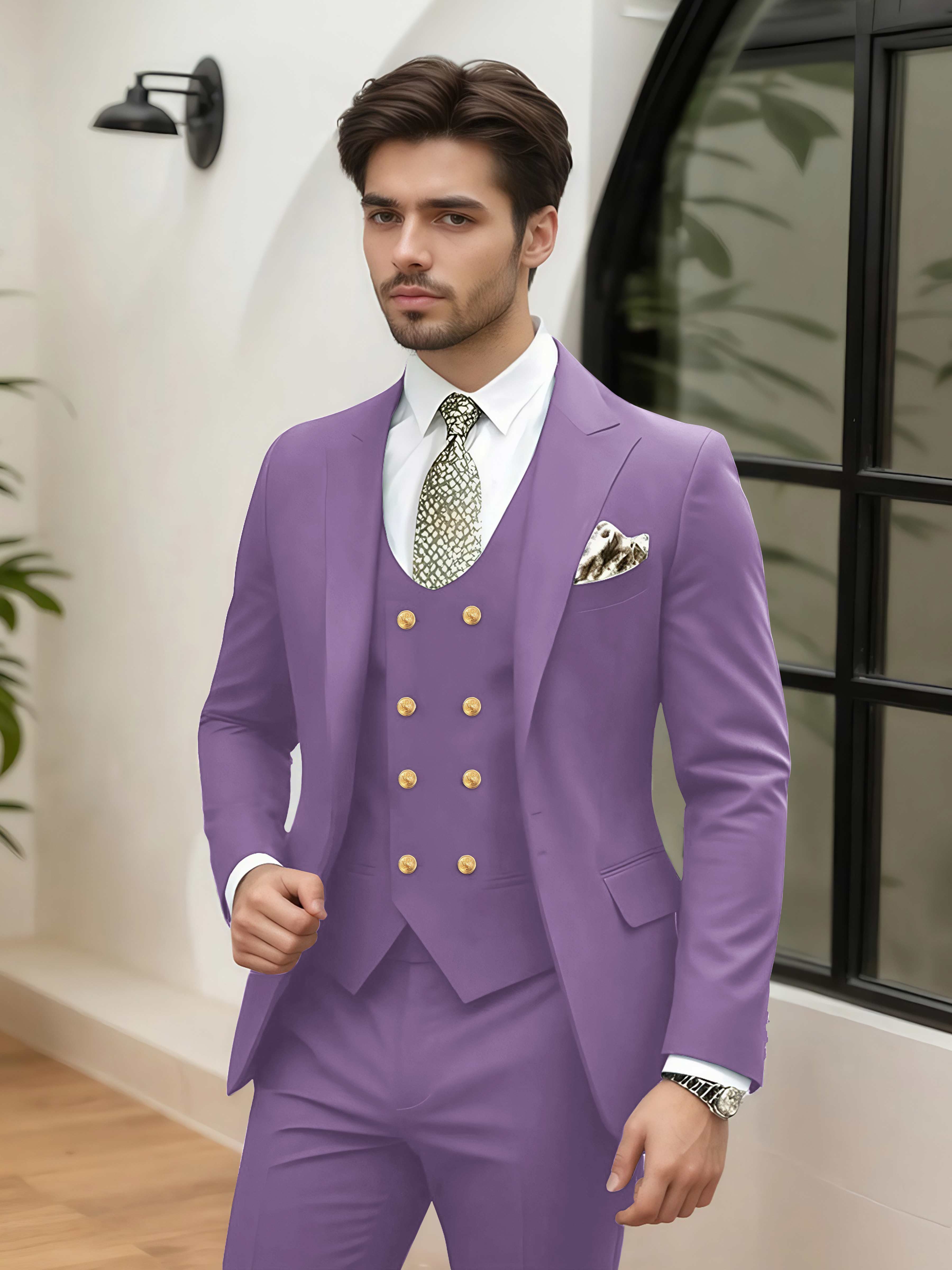 Elegant 3 Pieces Men’s Wedding Suit Tailored Fit One Button Peak Lapel