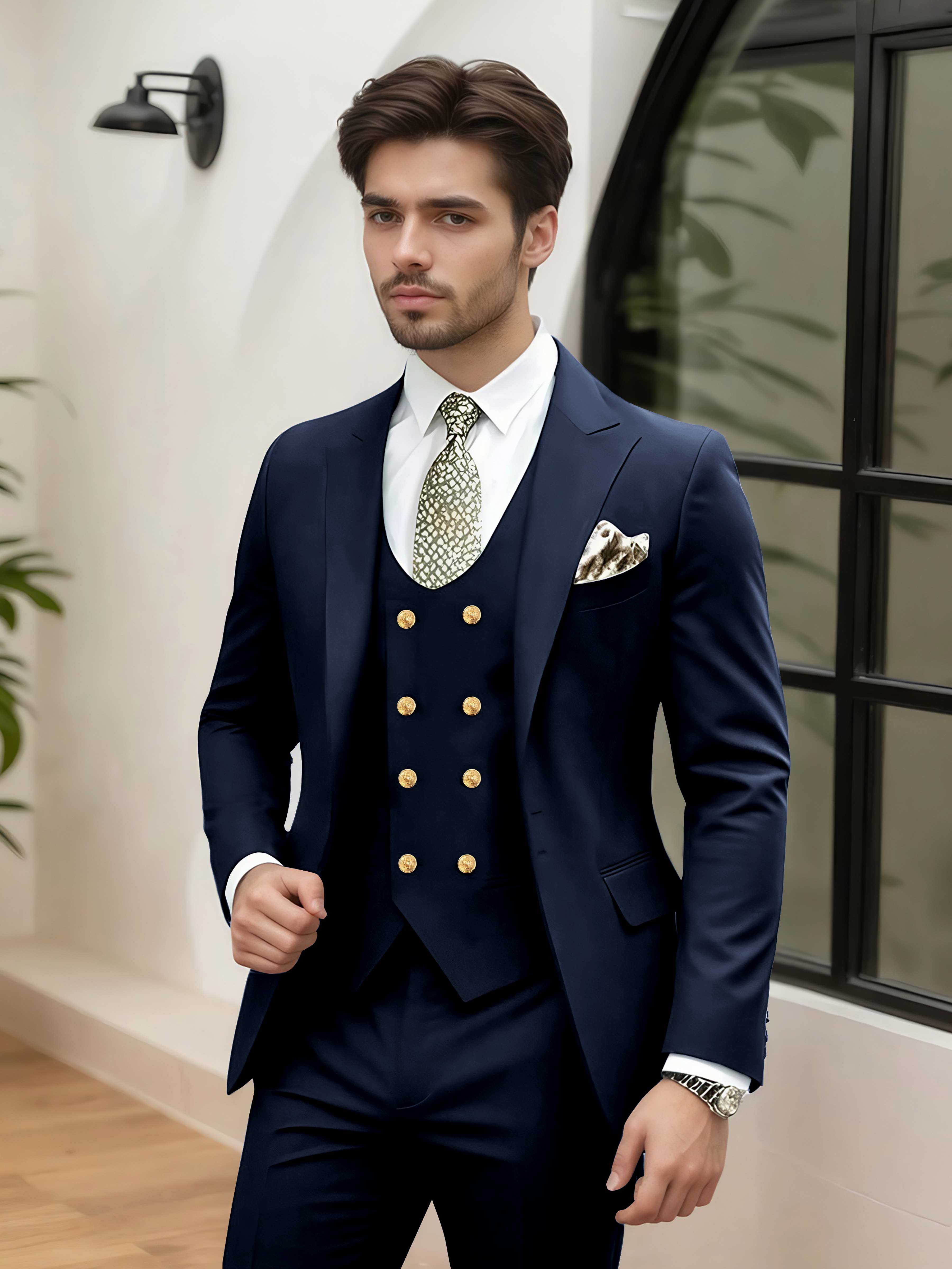 Elegant 3 Pieces Men’s Wedding Suit Tailored Fit One Button Peak Lapel