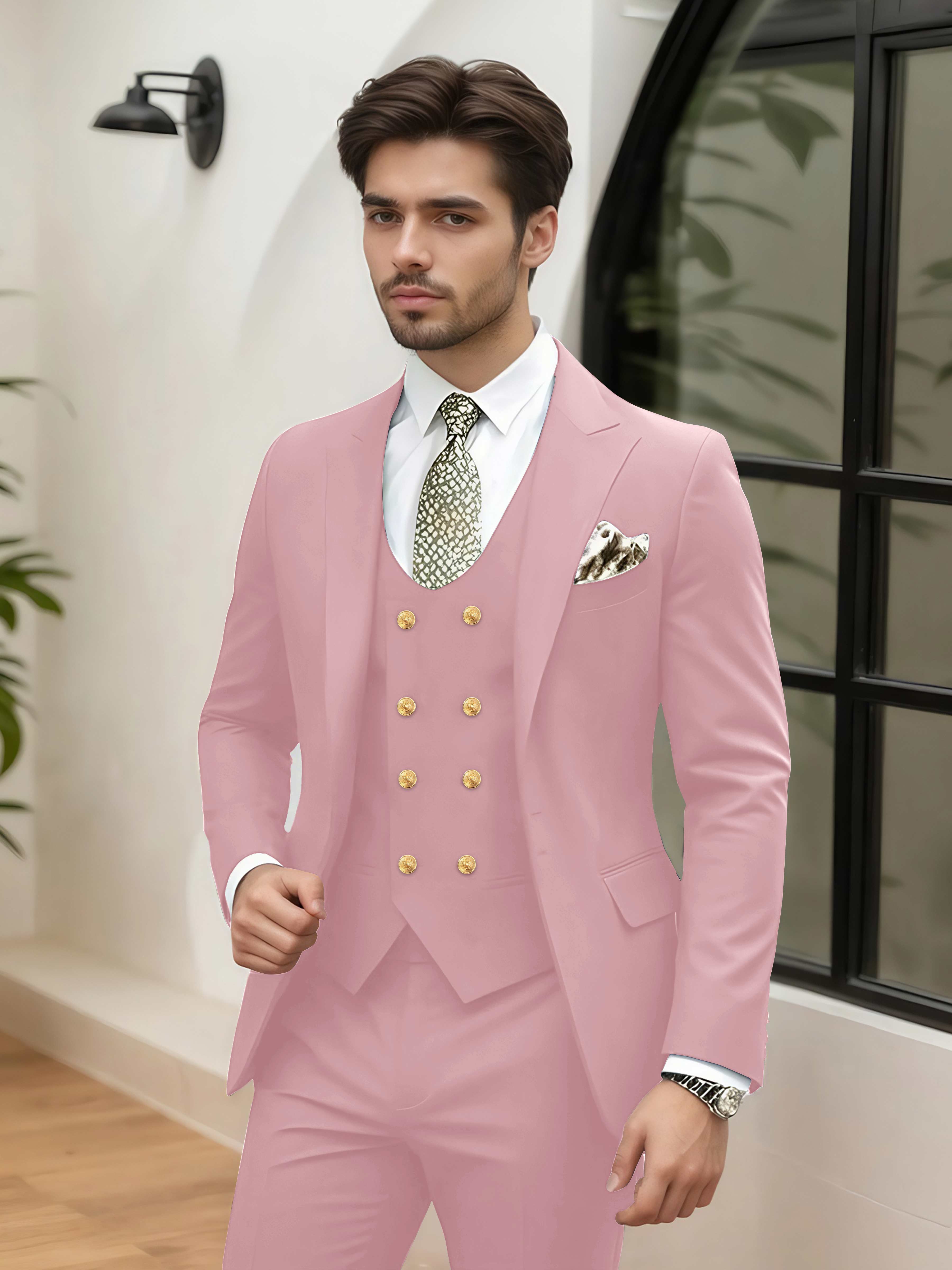 Elegant 3 Pieces Men’s Wedding Suit Tailored Fit One Button Peak Lapel