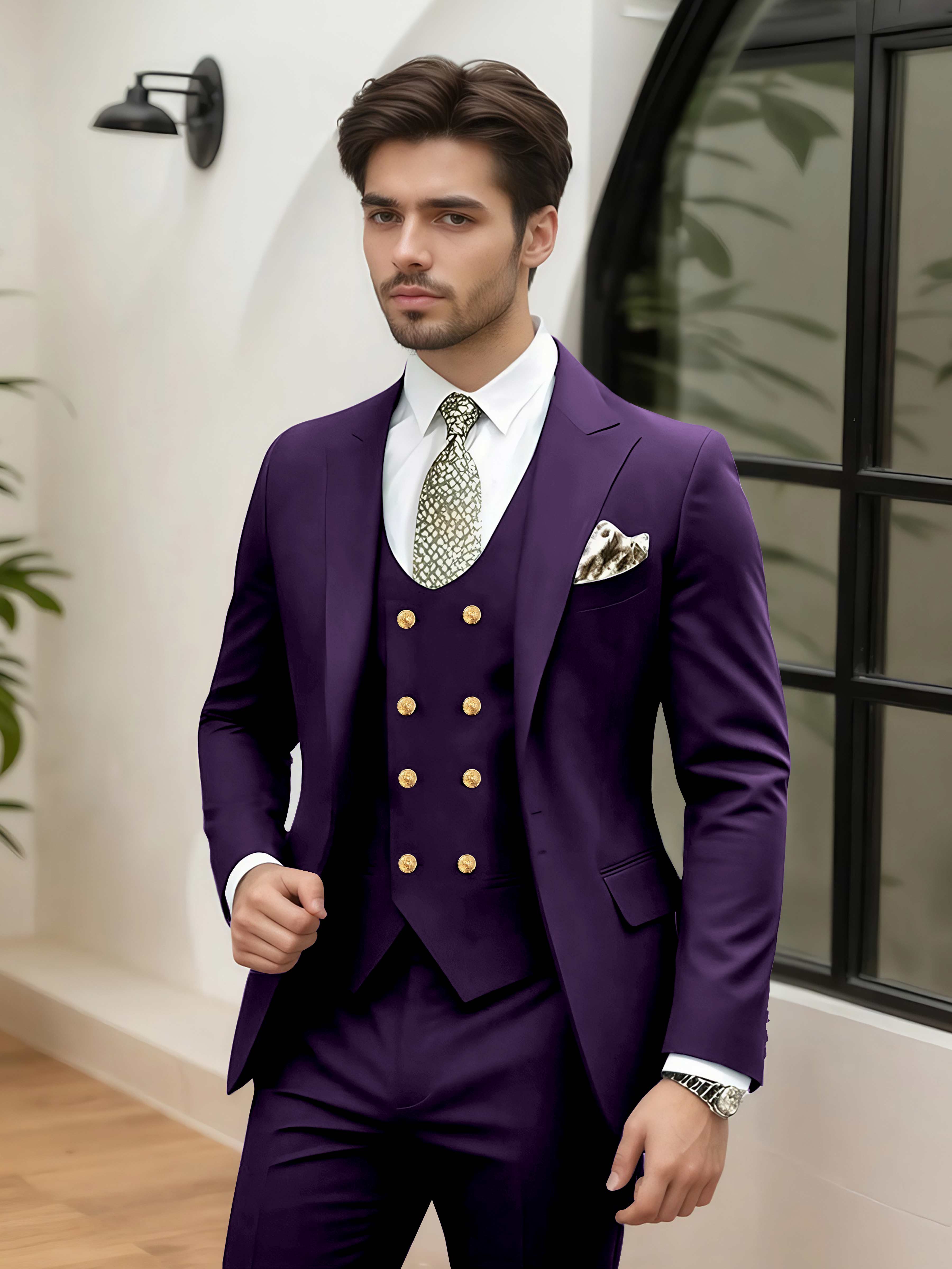 Elegant 3 Pieces Men’s Wedding Suit Tailored Fit One Button Peak Lapel