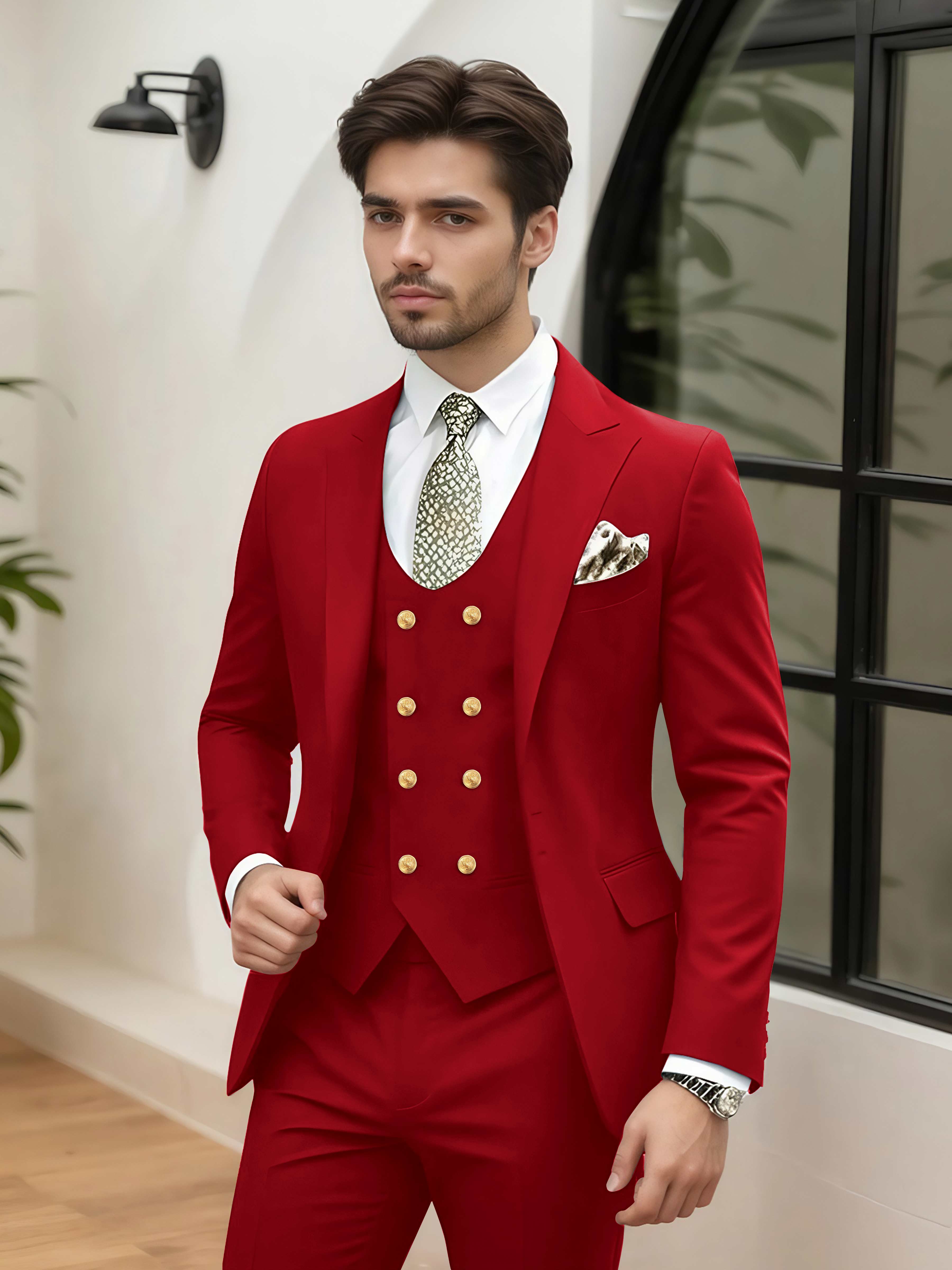 Elegant 3 Pieces Men’s Wedding Suit Tailored Fit One Button Peak Lapel