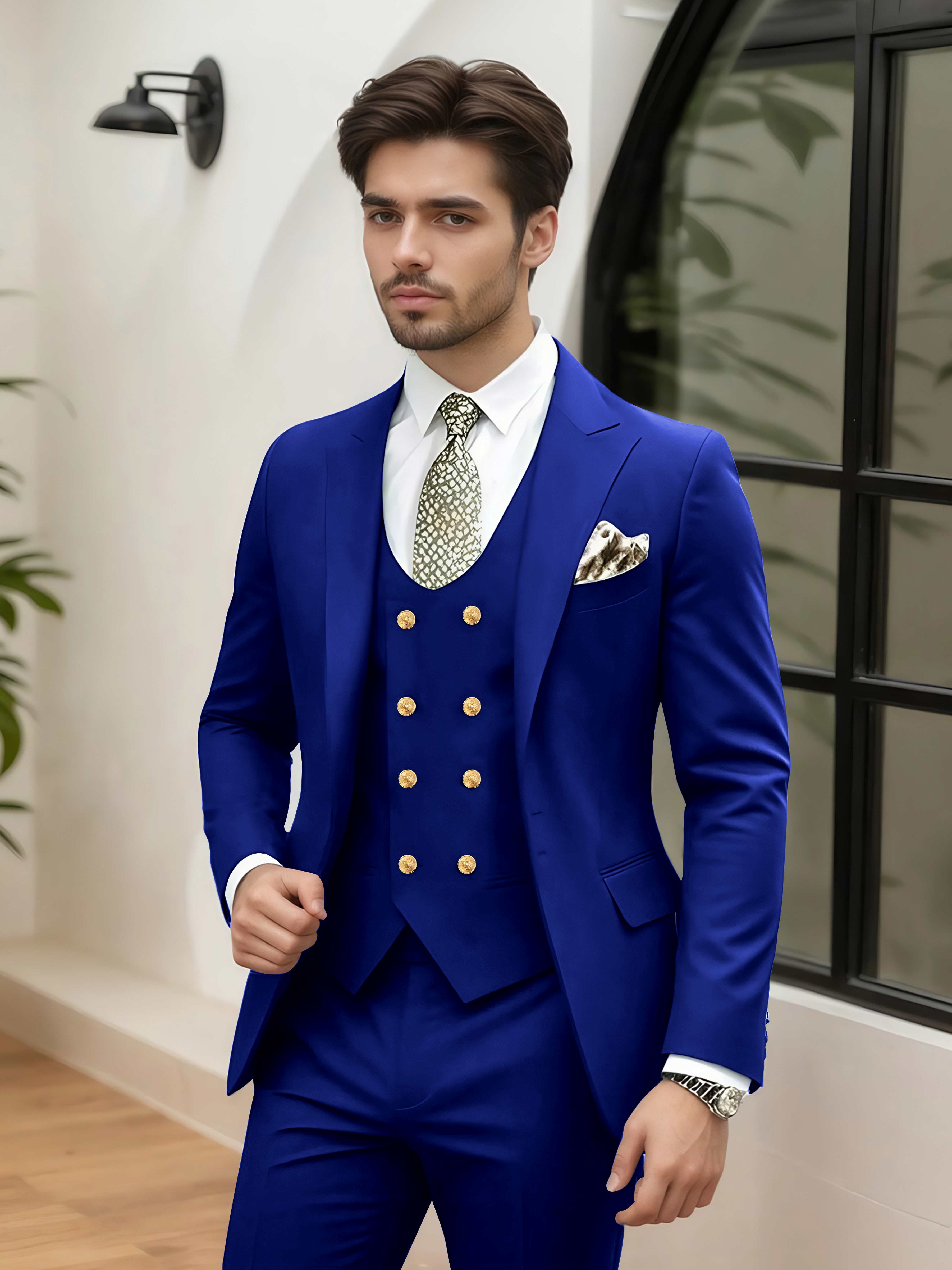 Elegant 3 Pieces Men’s Wedding Suit Tailored Fit One Button Peak Lapel