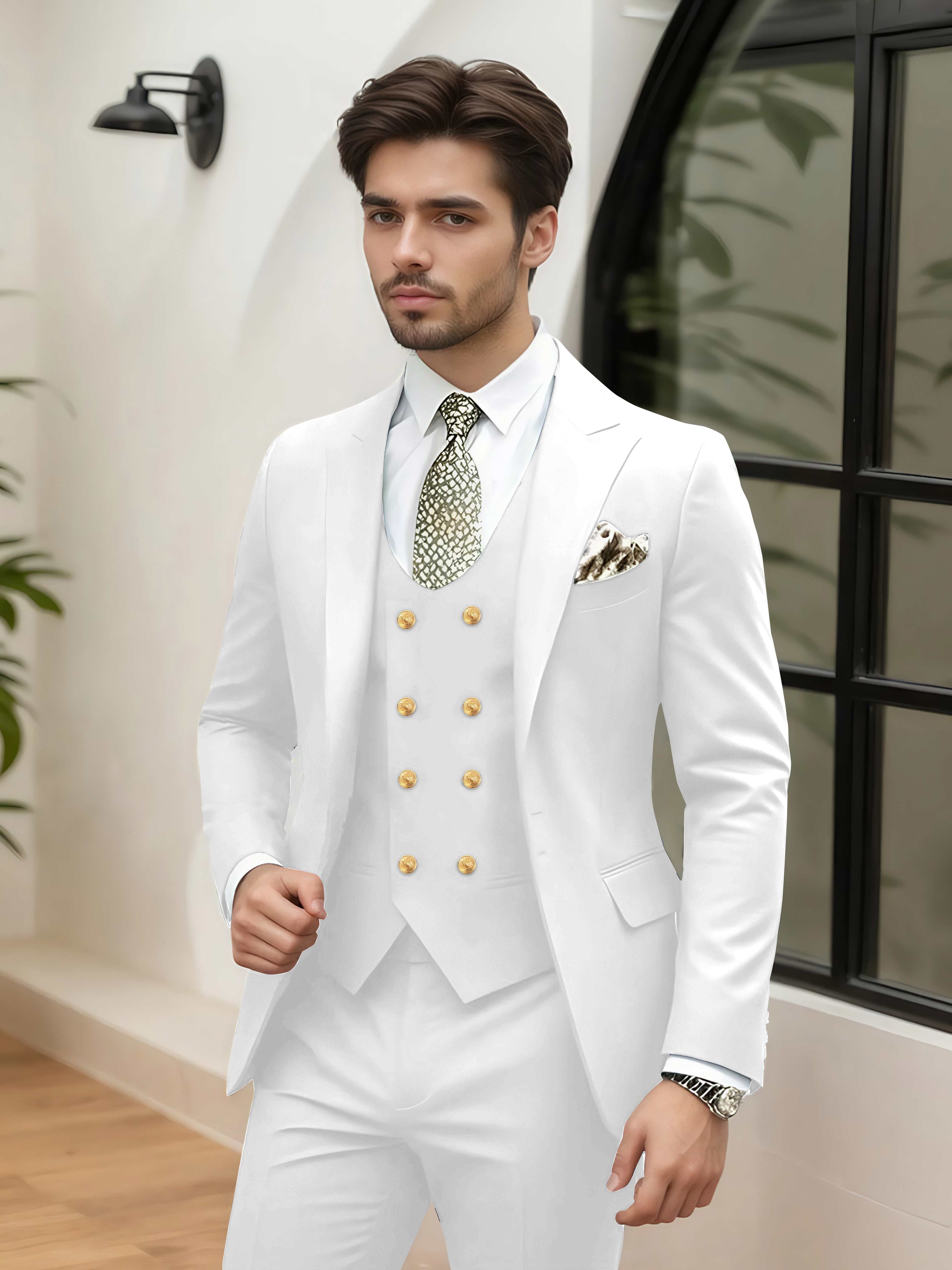 Elegant 3 Pieces Men’s Wedding Suit Tailored Fit One Button Peak Lapel