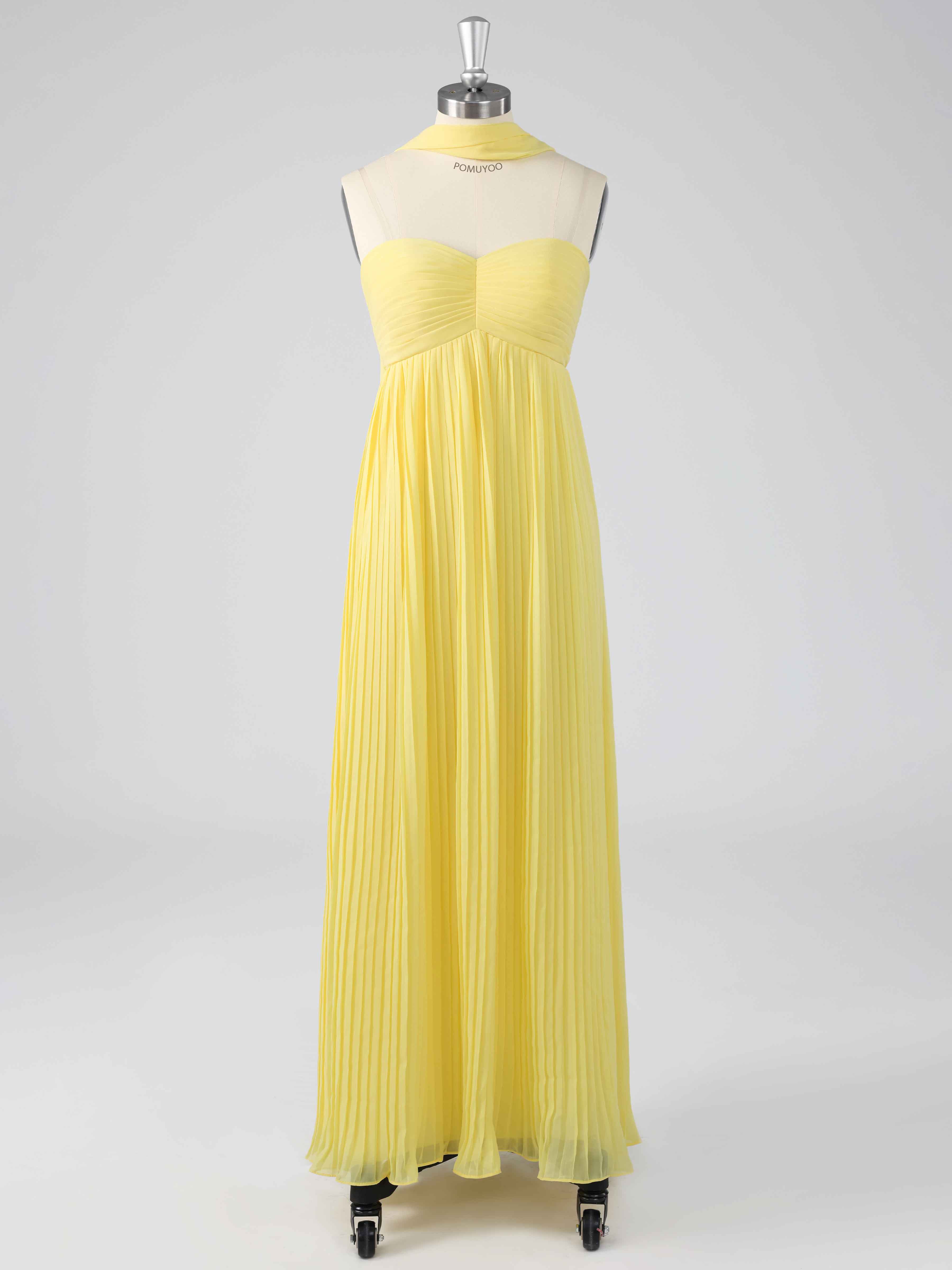 Elegant A-Line Empire Strapless Pleated Maxi Chiffon Dresses with Scarf, Daffodil Elegant A-Line Empire Strapless Pleated Maxi Chiffon Dresses with Scarf, Daffodil