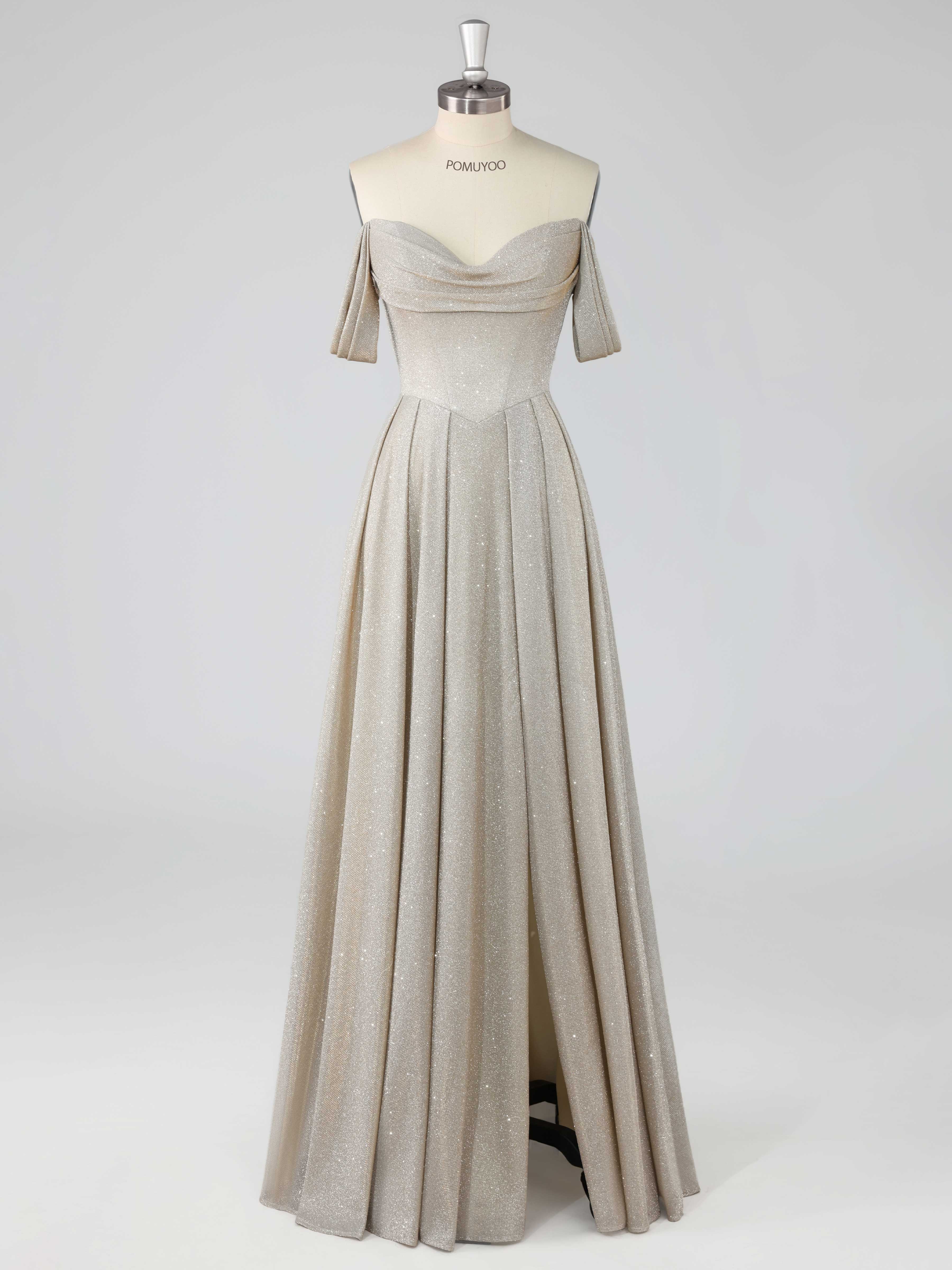 Elegant A-Line Off the Shoulder Floor Length Glitter Prom Dresses