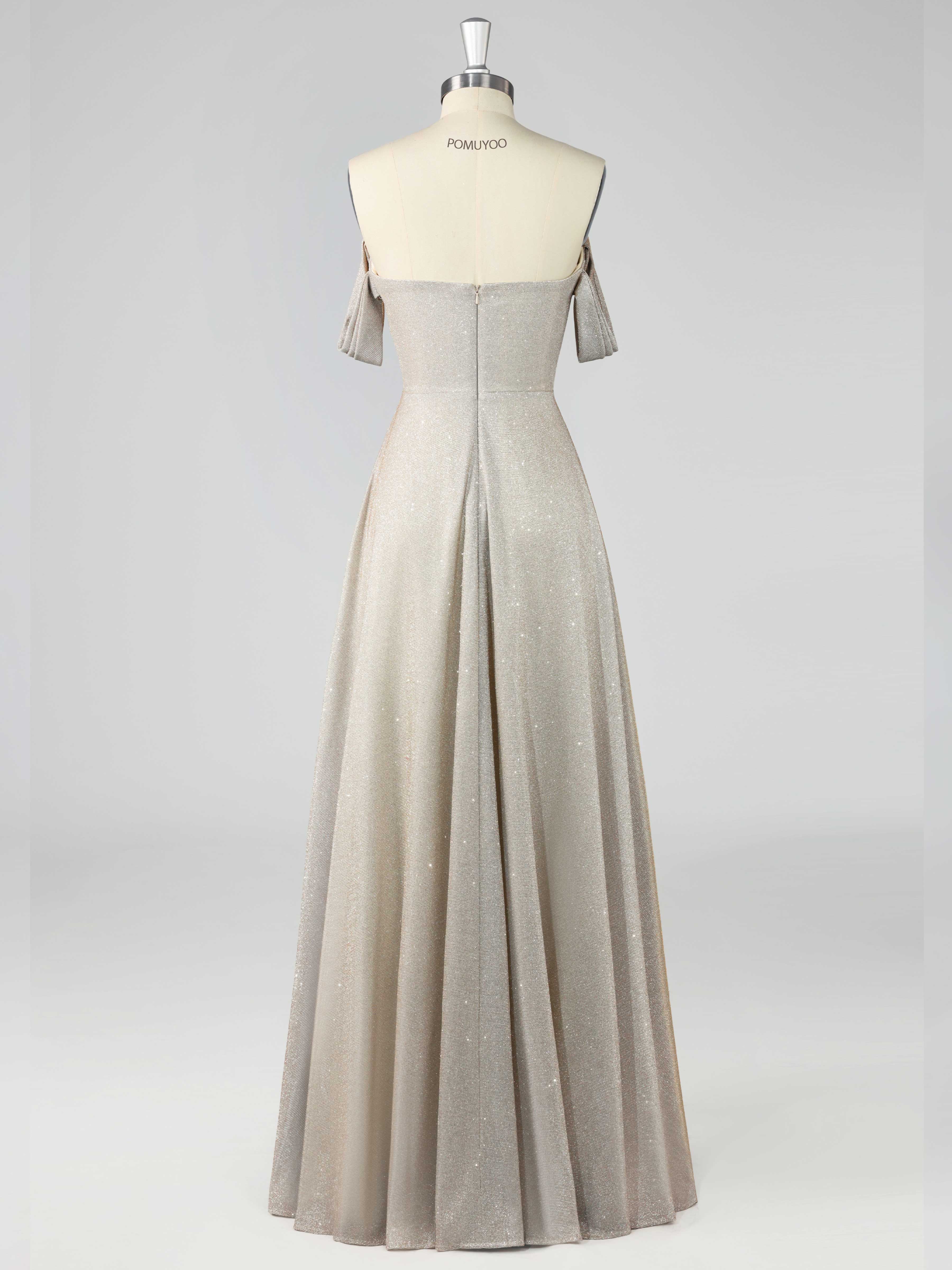 Elegant A-Line Off the Shoulder Floor Length Glitter Prom Dresses