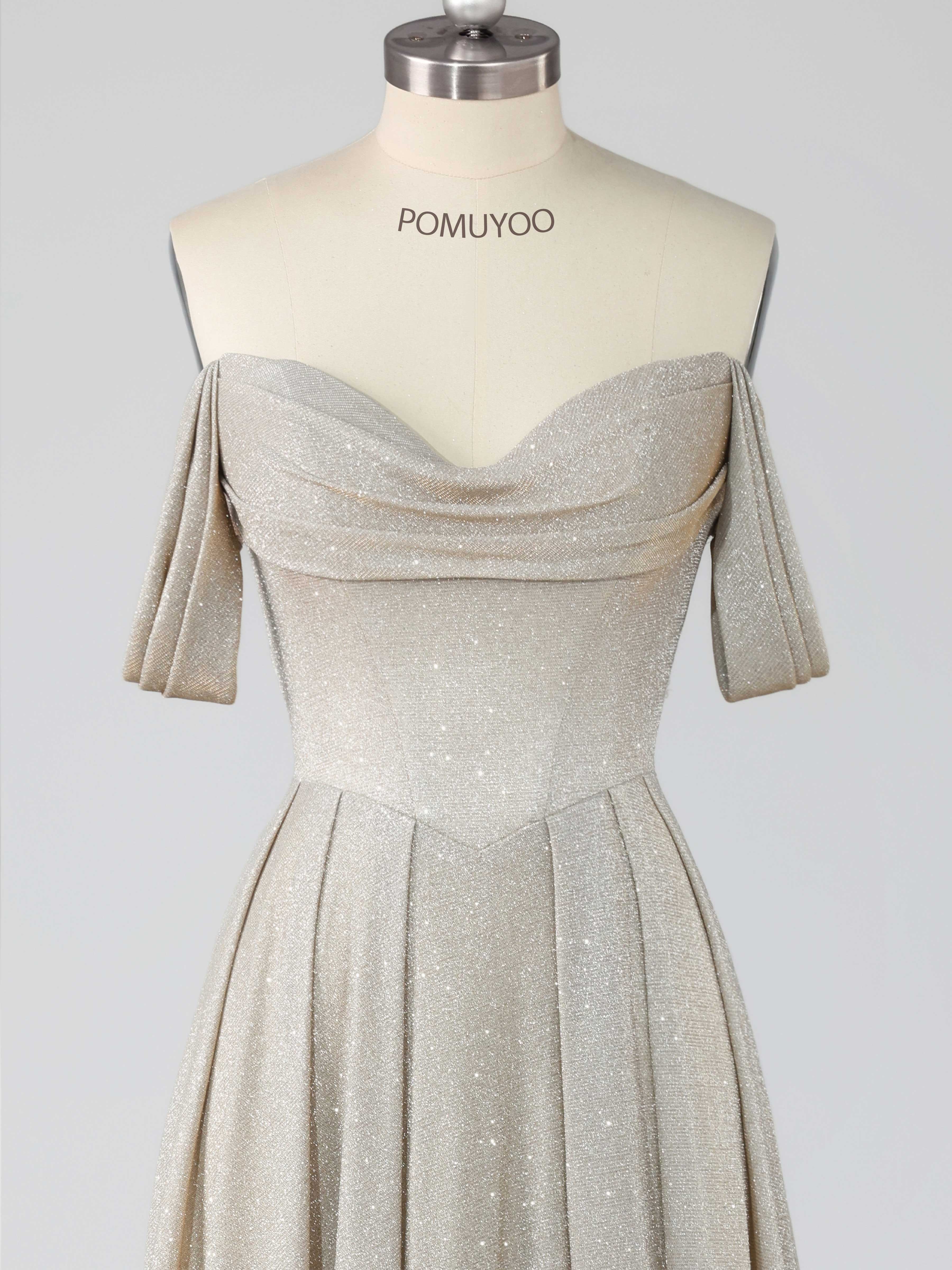 Elegant A-Line Off the Shoulder Floor Length Glitter Prom Dresses