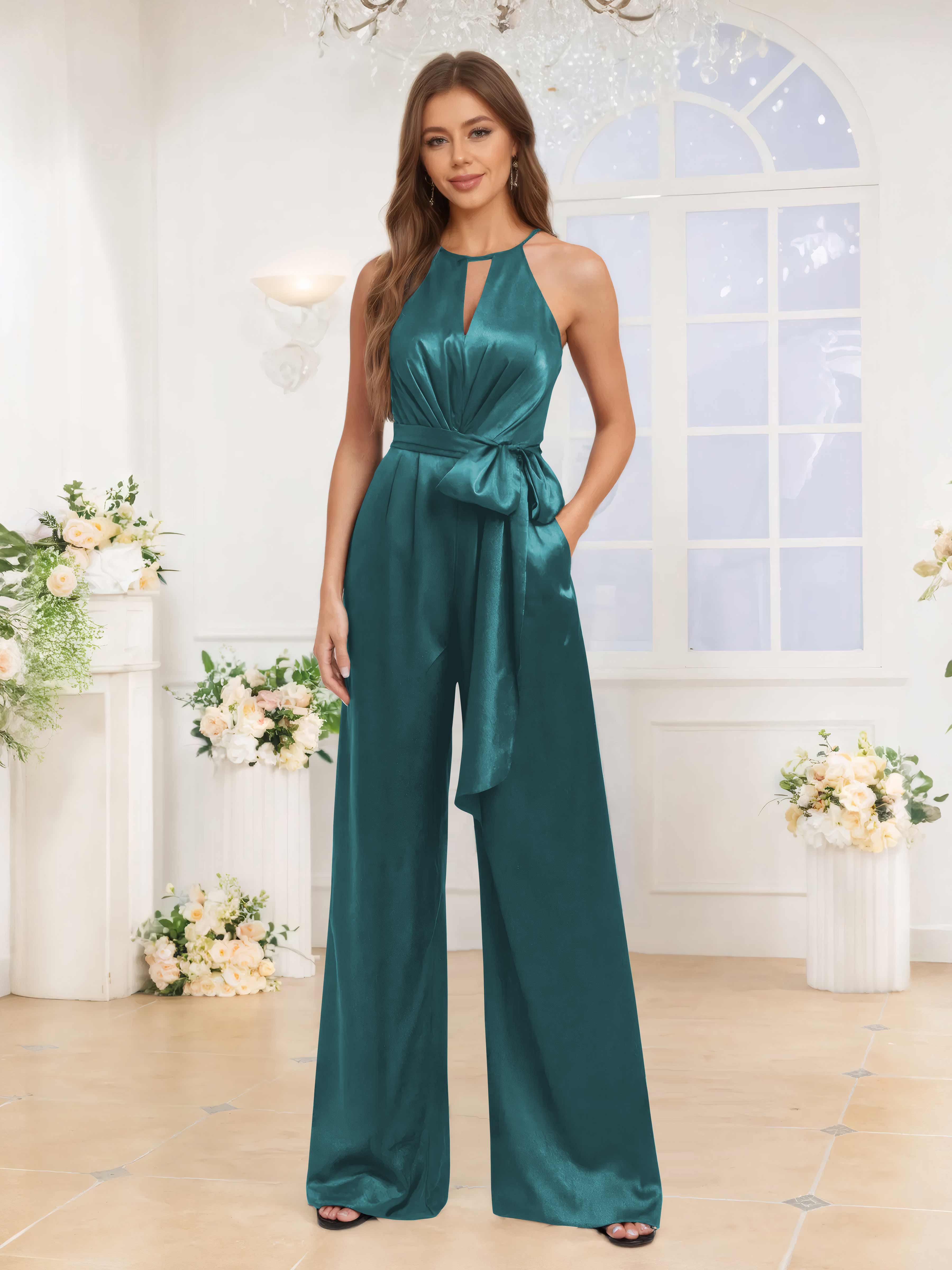 Elegant Halter Ruched Satin Jumpsuit For Bridesmaids With Pockets, Teal Elegant Halter Ruched Satin Jumpsuit For Bridesmaids With Pockets, Teal