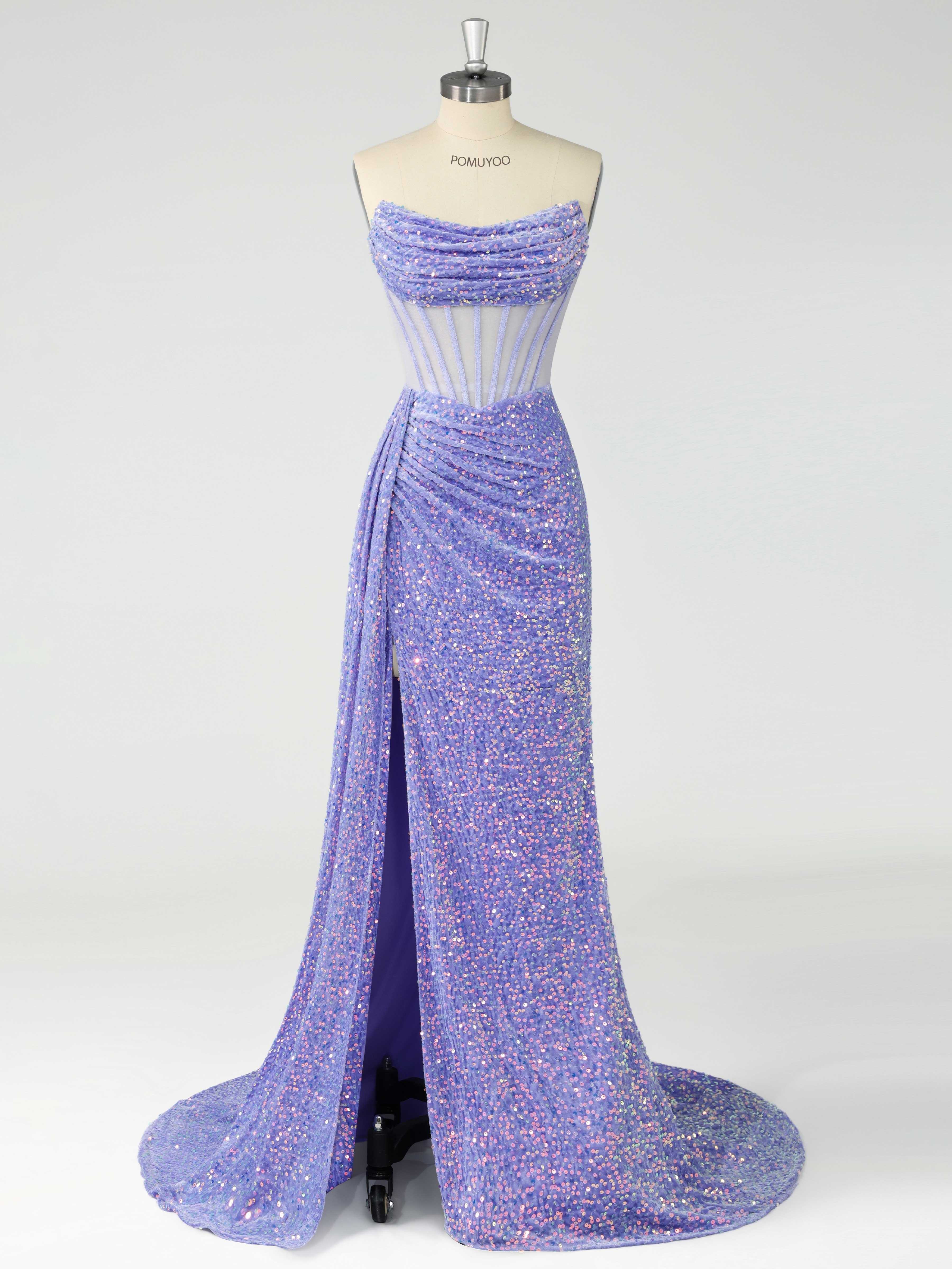 Elegant Strapless Corset Velvet Sequins Train Prom Dresses