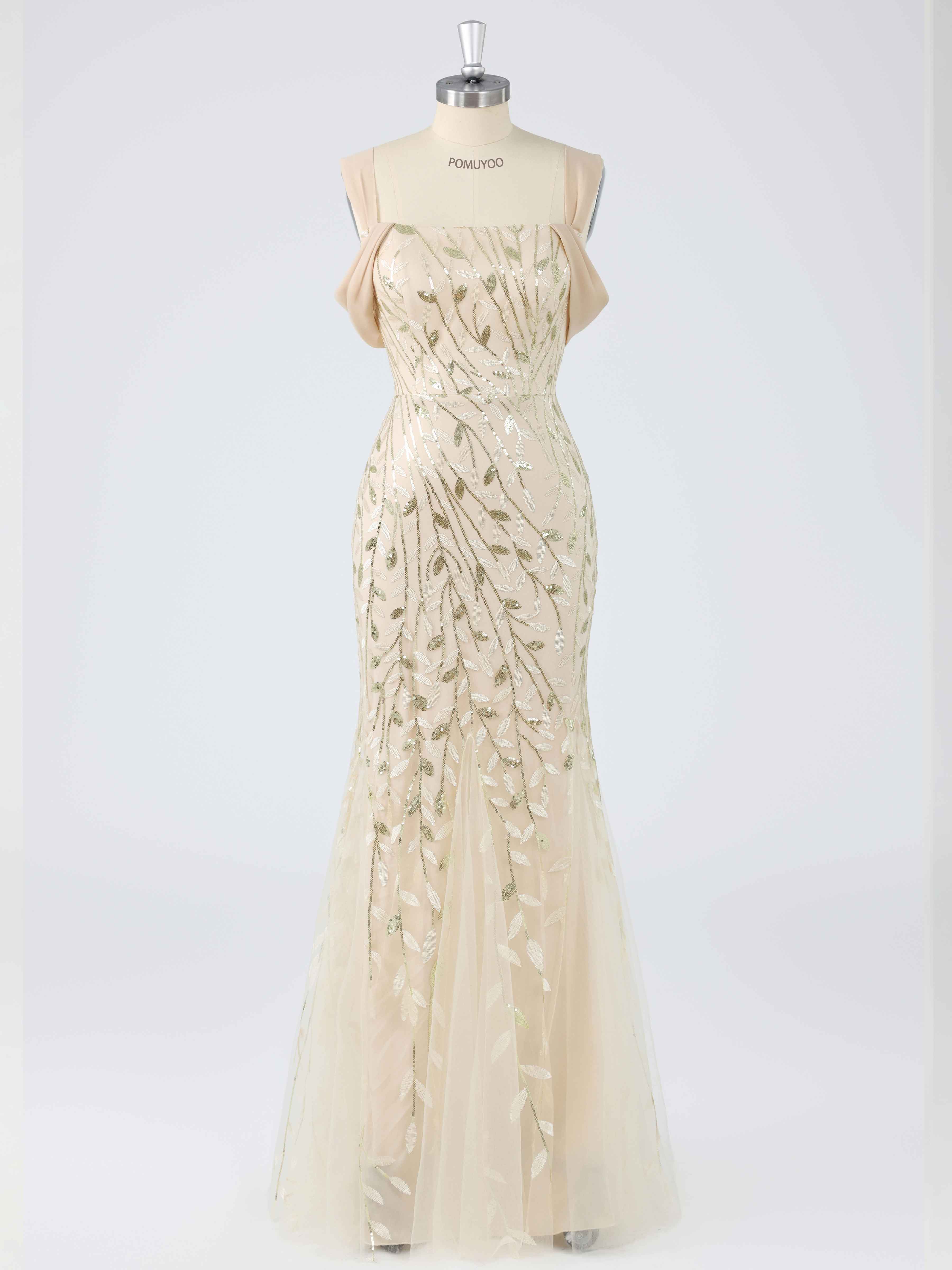 Elegant Trumpet Square Leaf Sequins Long Mother of the Bride & Groom Dresses