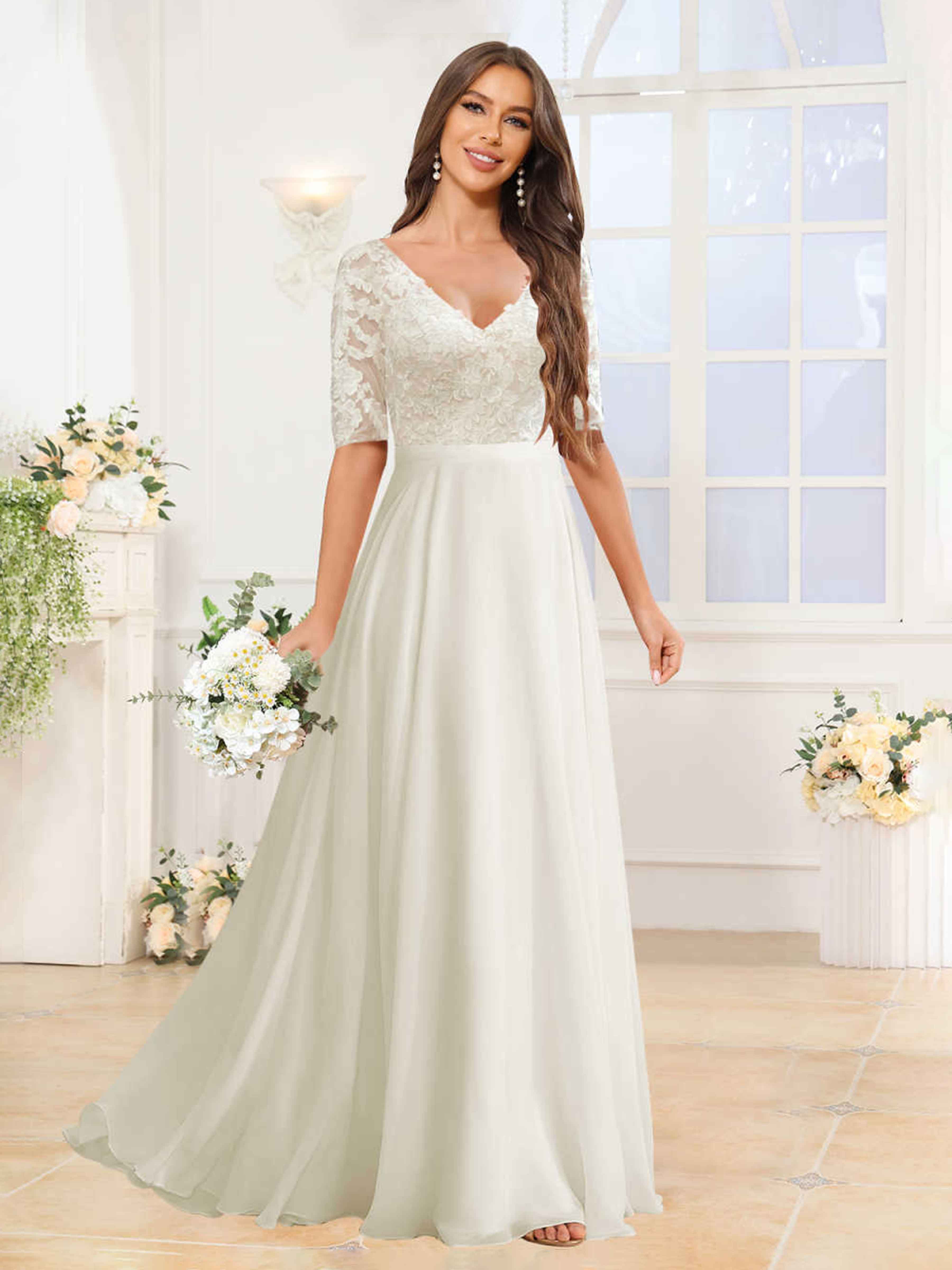 Elegant V-Neck Half Sleeves Long Lace Chiffon Wedding Dress Elegant V-Neck Half Sleeves Long Lace Chiffon Wedding Dress