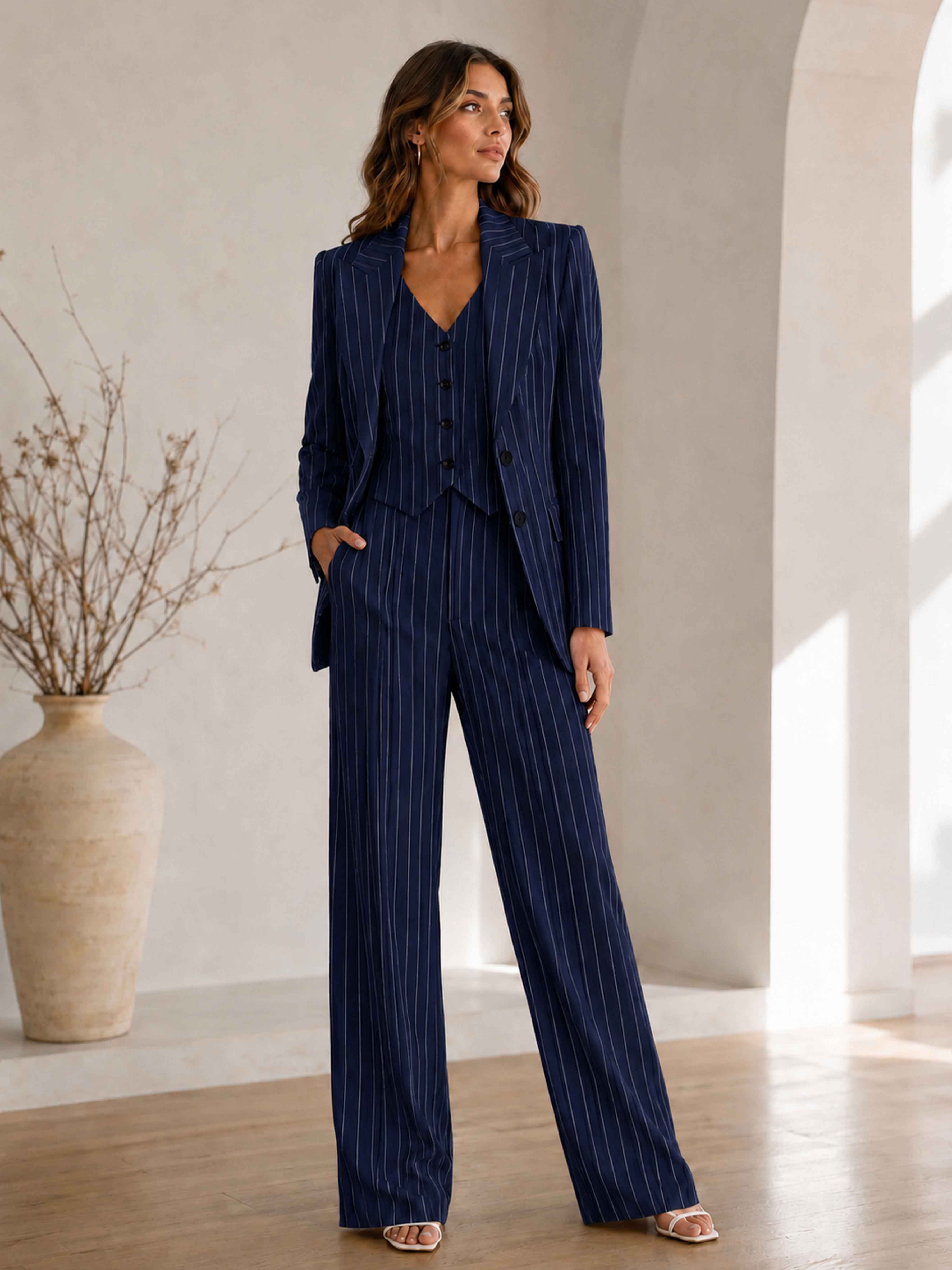 Elegant Pinstripe 3 Pieces Women's Pants Suit Set
