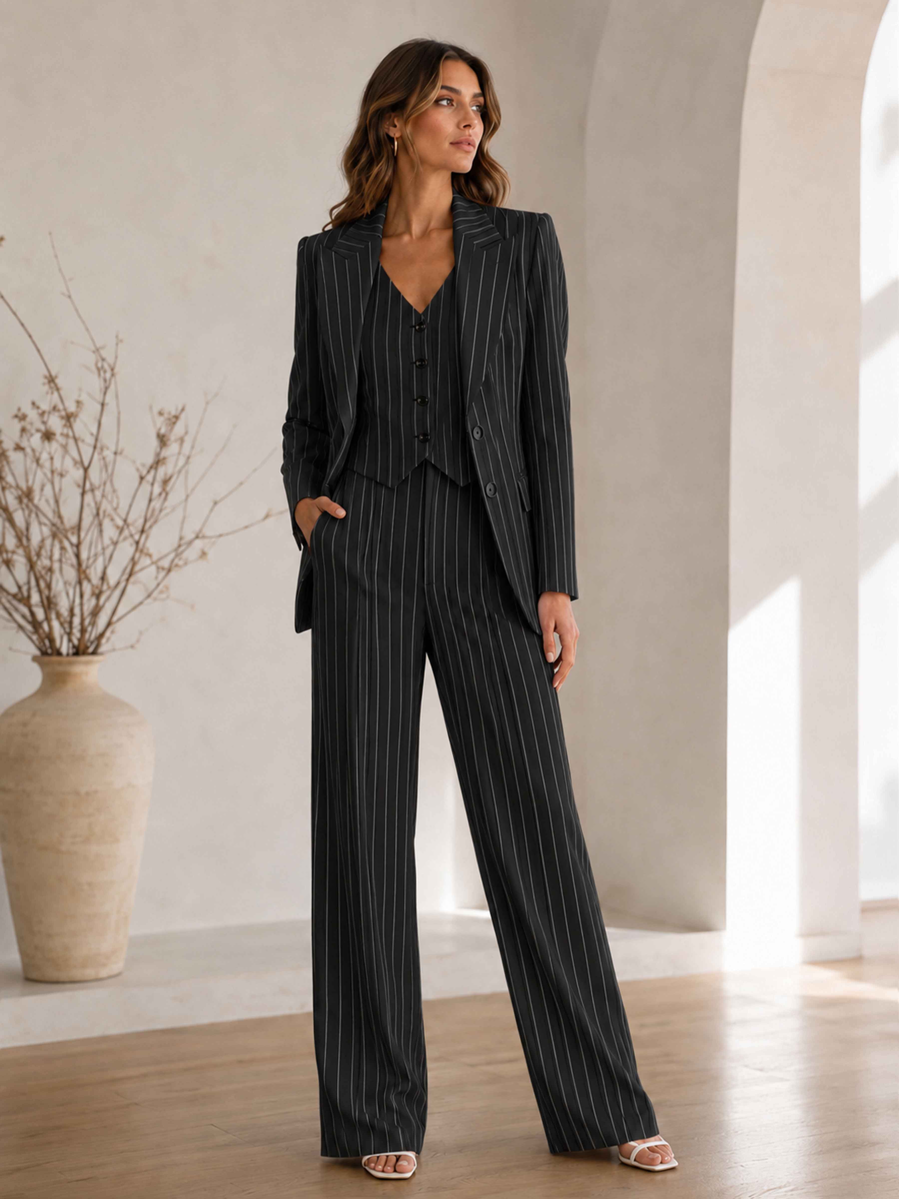 Elegant Pinstripe 3 Pieces Women's Pants Suit Set