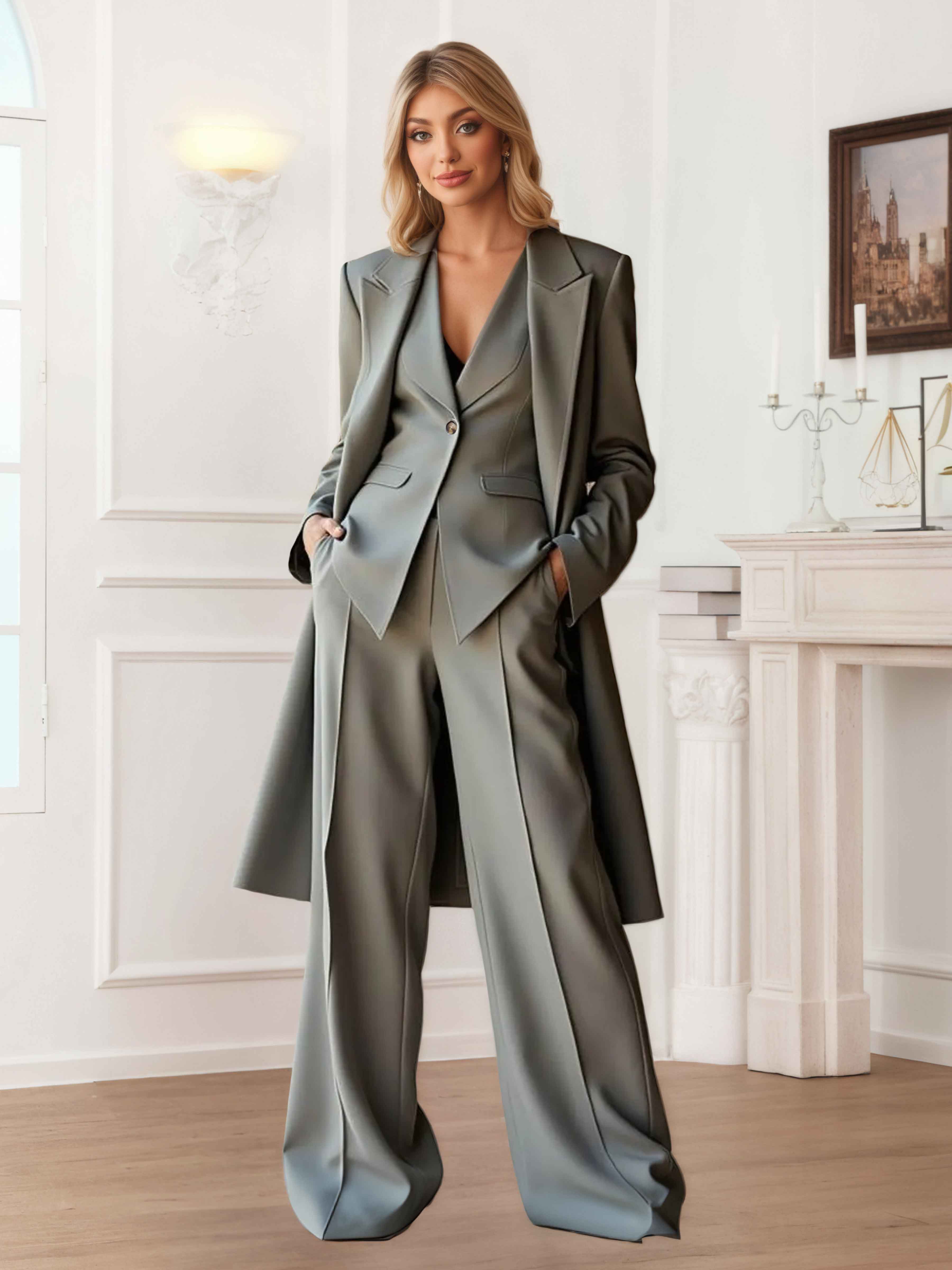Elegant Women's 3 Pieces Casual Blazer and Pants Set, Emerald Green