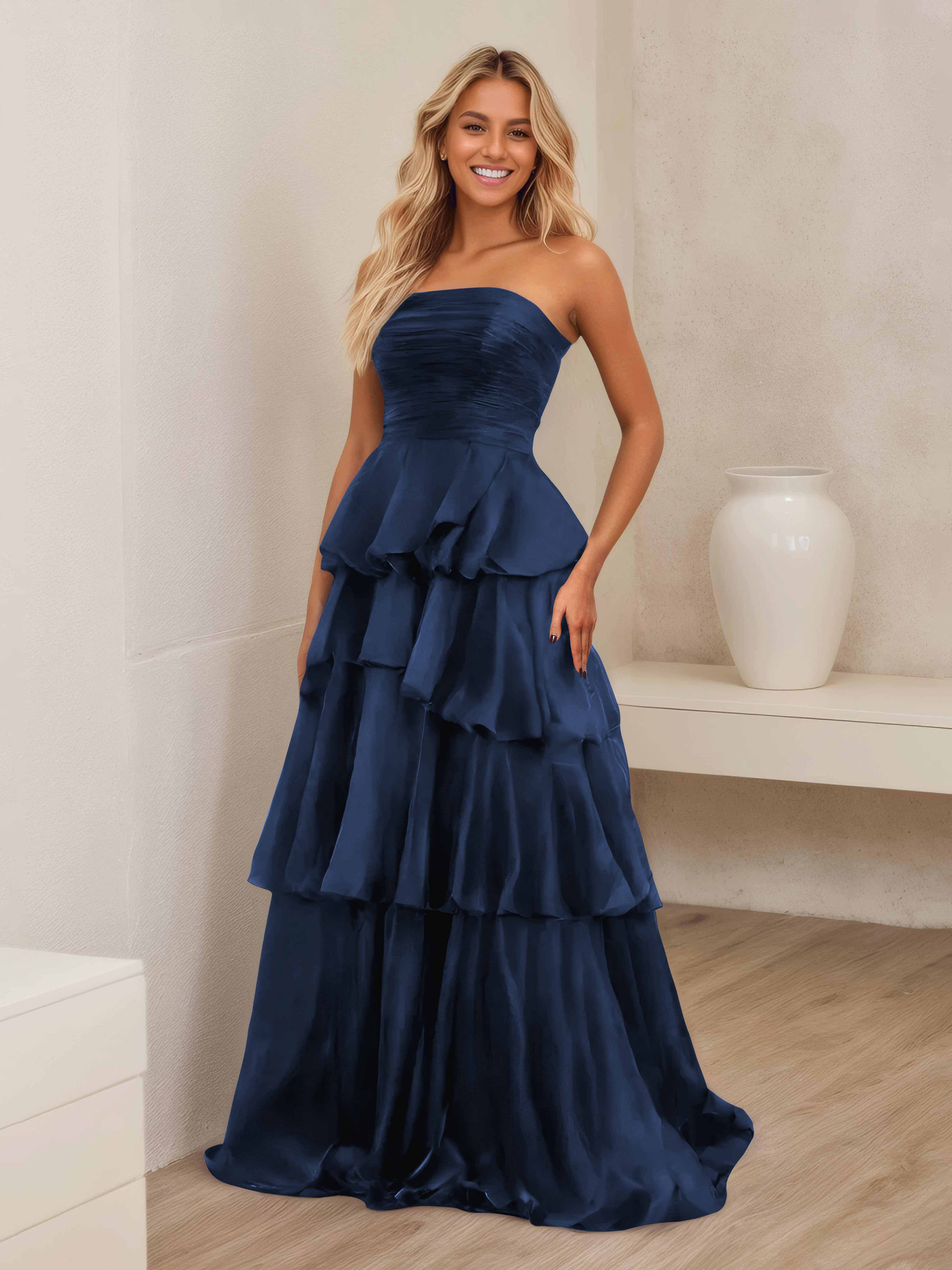 Ellianna Stunning A-Line Strapless Ruched Tiered Floor Length Satin Fo Ellianna Stunning A-Line Strapless Ruched Tiered Floor Length Satin Fo