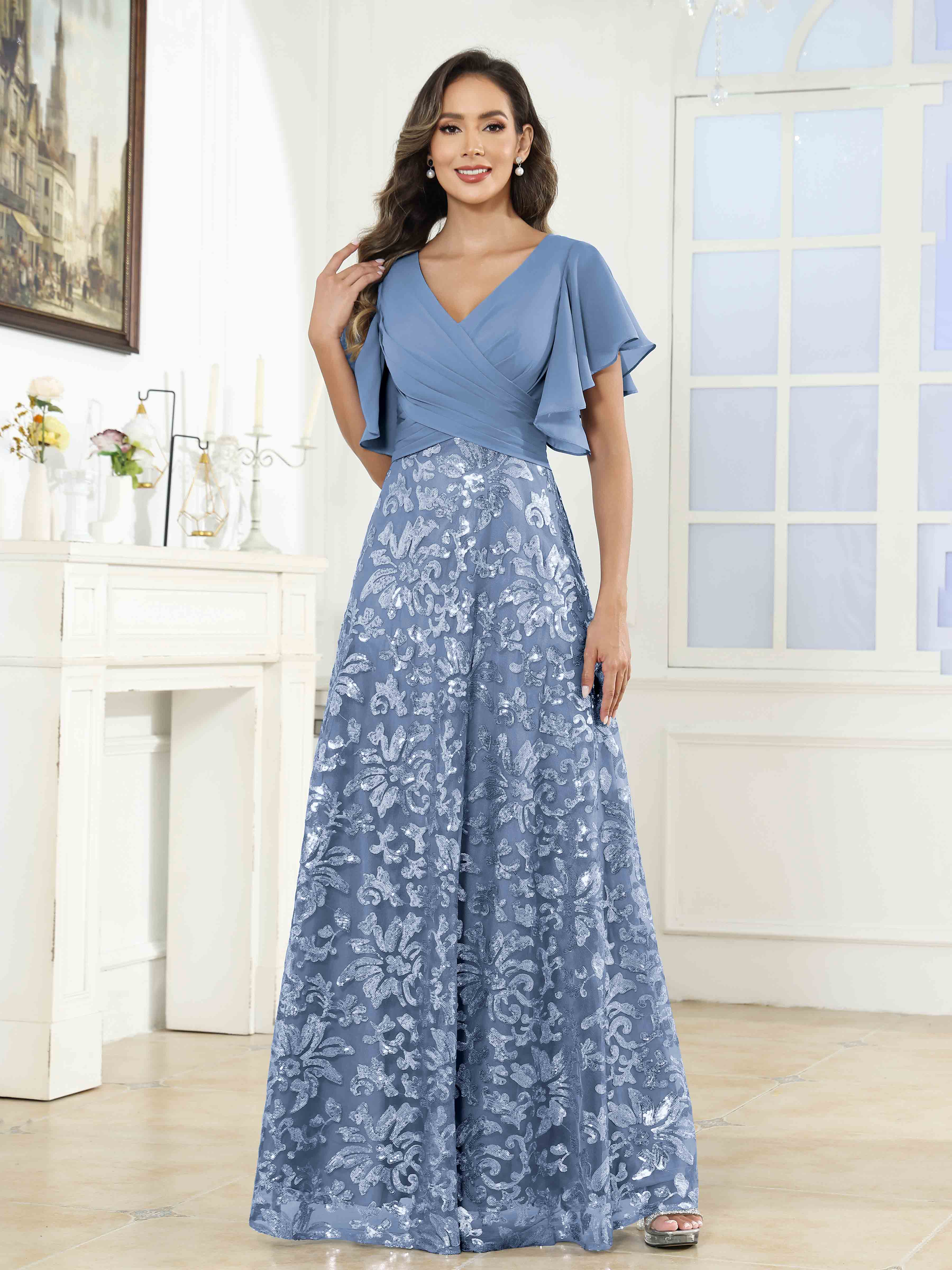 Elliot Chic A-Line V-Neck Sequins Ruched Long Chiffon Mother of the Bride Dresses, Dusty Blue Elliot Chic A-Line V-Neck Sequins Ruched Long Chiffon Mother of the Bride Dresses, Dusty Blue