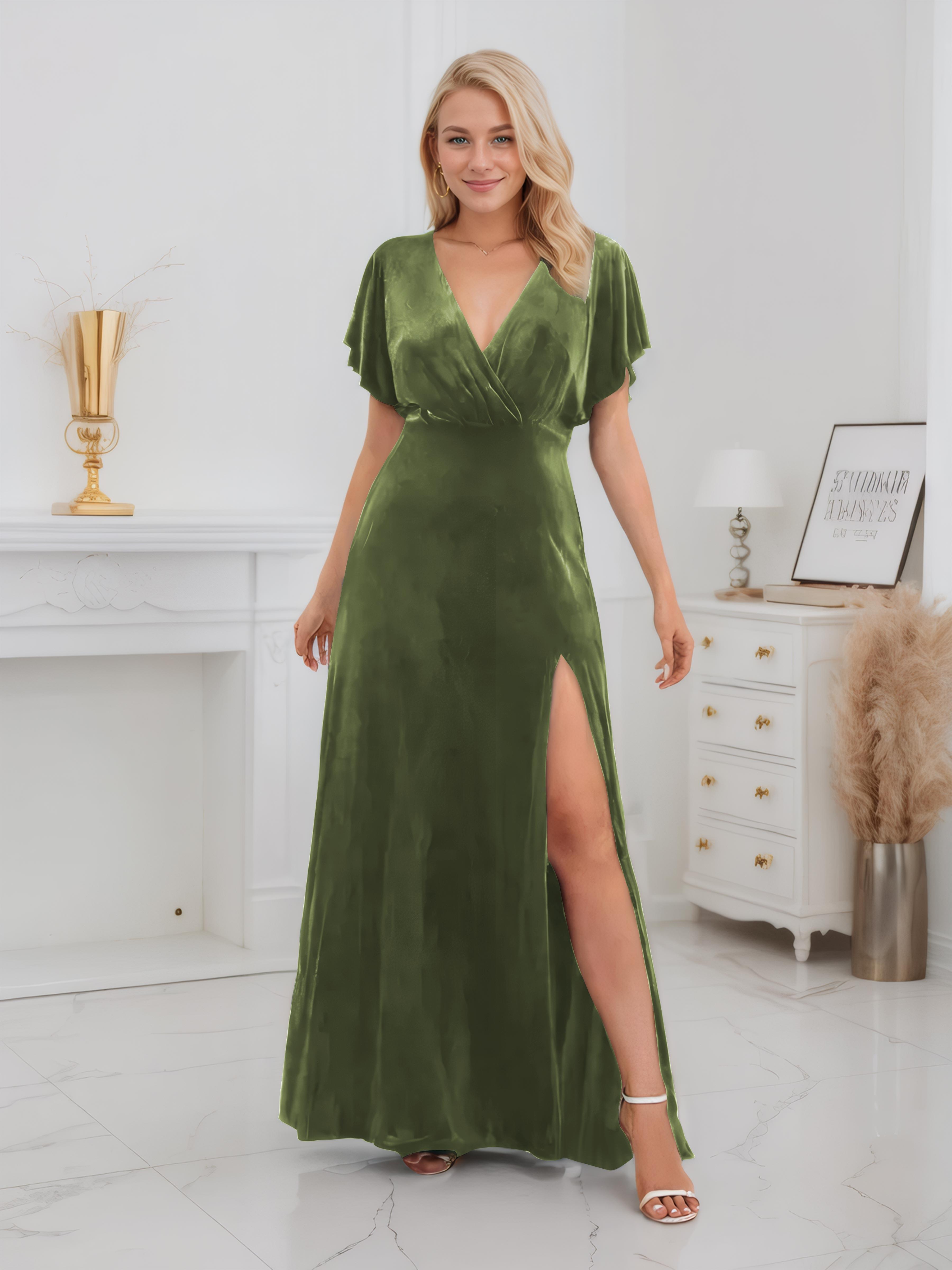 Ellis Trendy Short Sleeves Slit Long Velvet Bridesmaid Dresses, Olive Green Ellis Trendy Short Sleeves Slit Long Velvet Bridesmaid Dresses, Olive Green