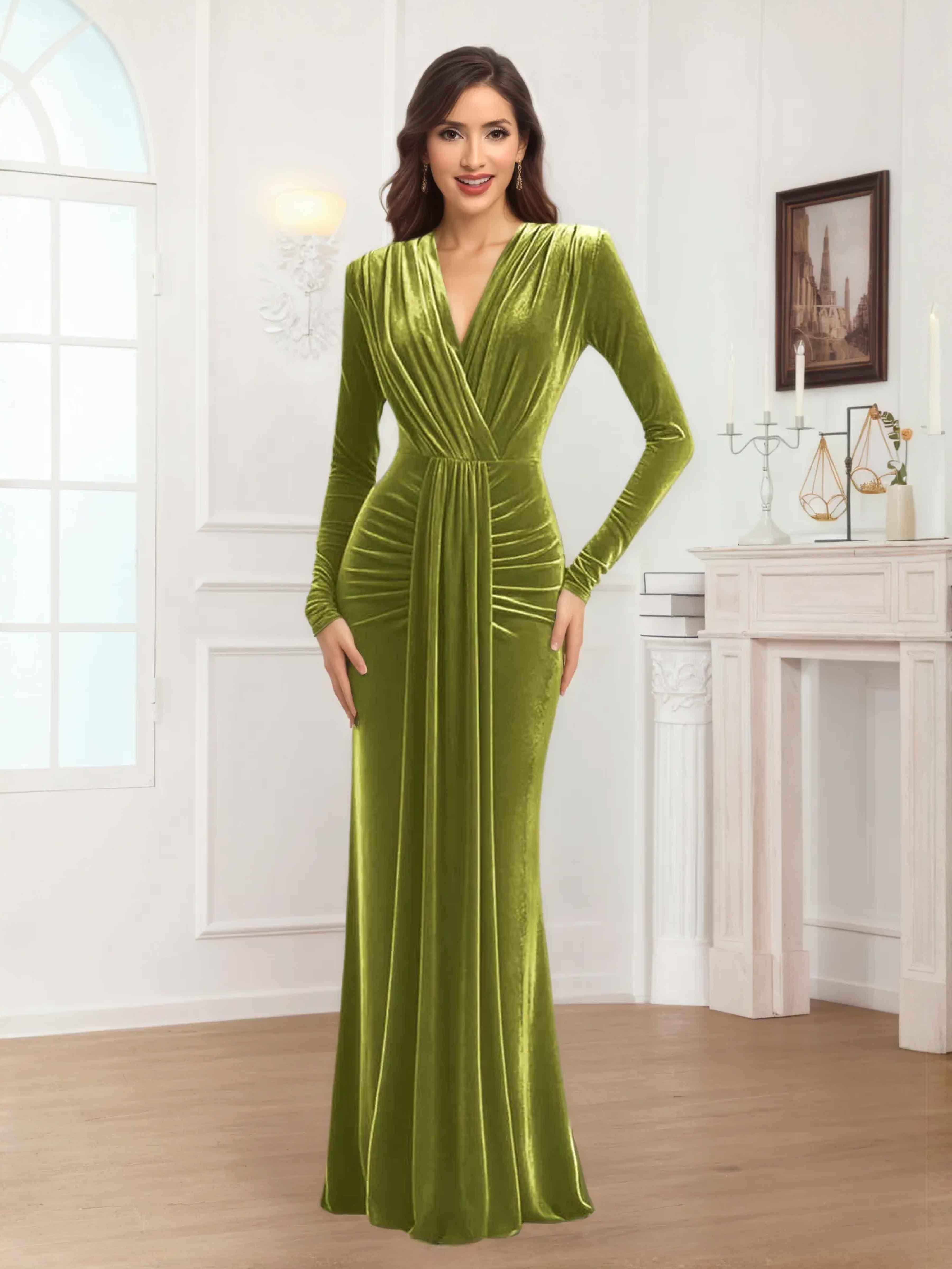 Elsinore Regal Sheath V-neck Long Sleeves Floor Length Velvet Mother Of The Bride Dresses