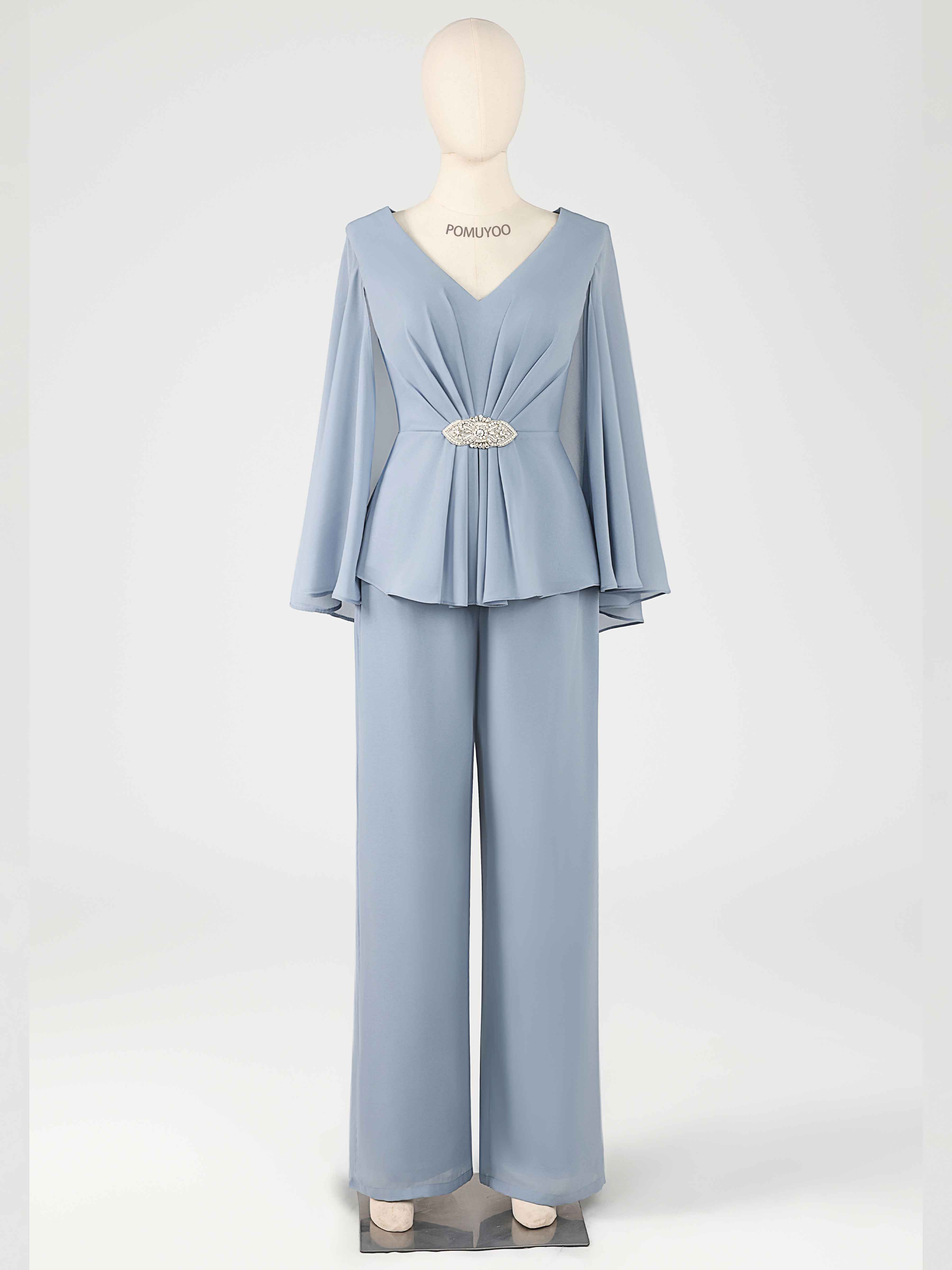 Enchanting Two Pieces V Neck Beaded Chiffon Mother of the Bride Jumpsuit/Pantsuit
